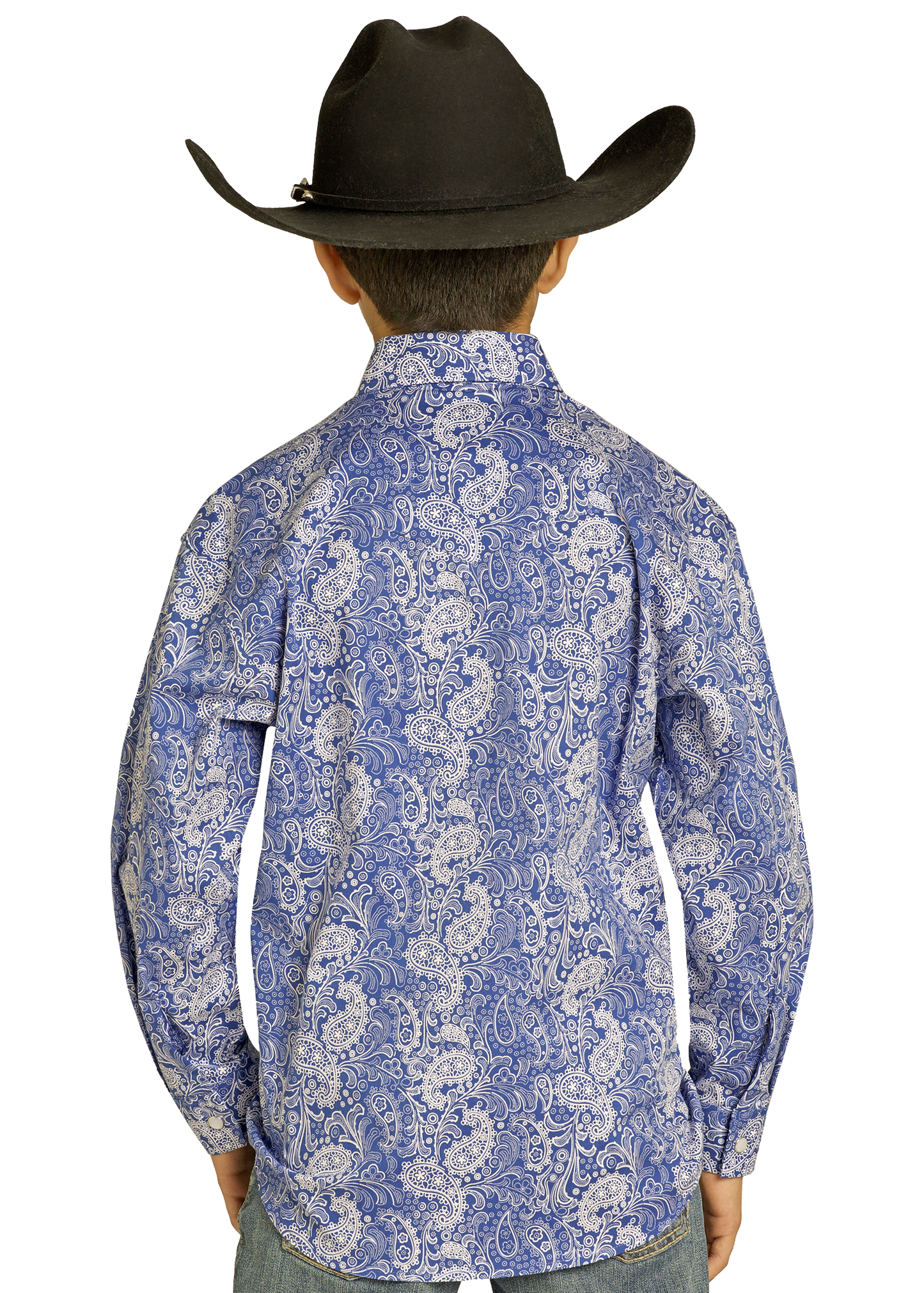 Person wearing a blue patterned shirt and black cowboy hat on a white background