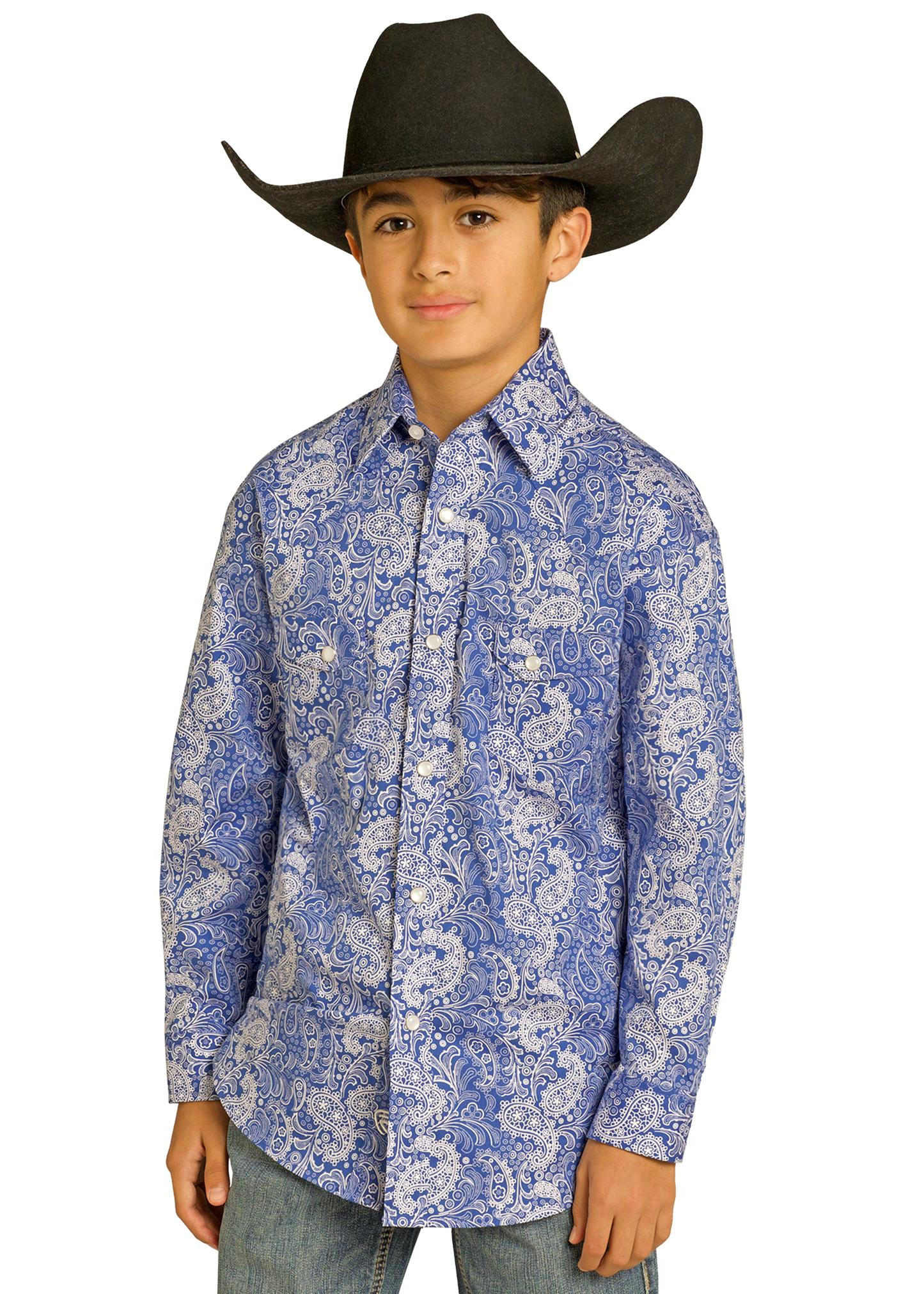 Child wearing a blue paisley shirt and black cowboy hat on a white background