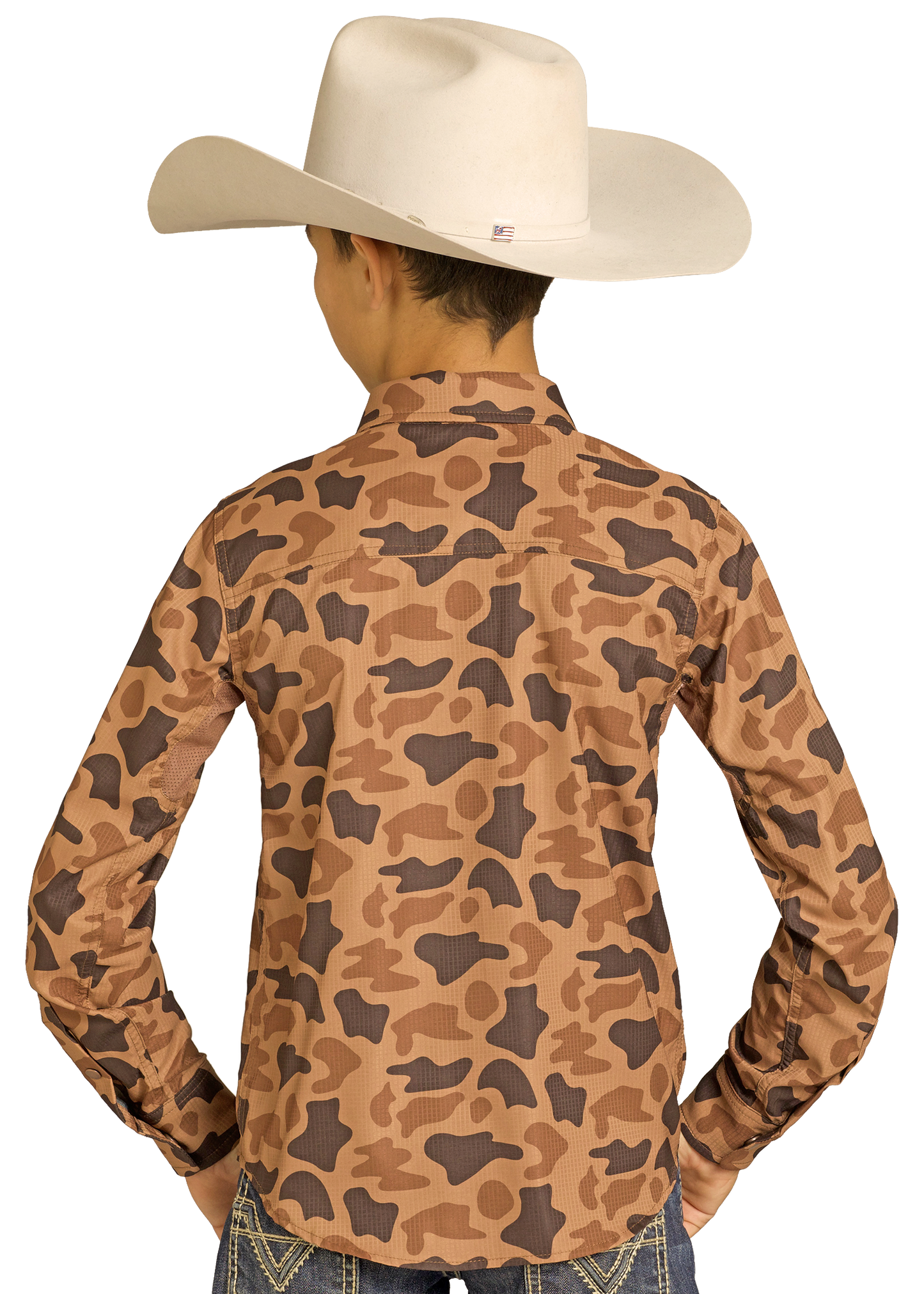 Person wearing a camouflage-patterned long-sleeve shirt and a cowboy hat on a white background