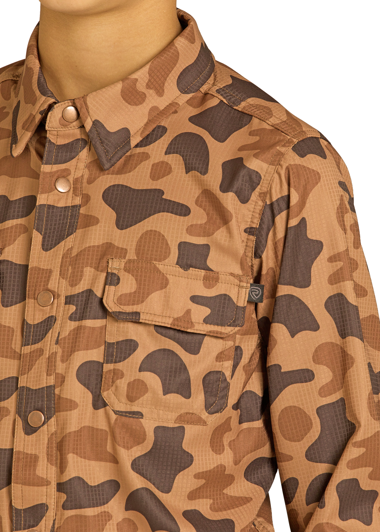 Camouflage-patterned shirt on a mannequin with a white background