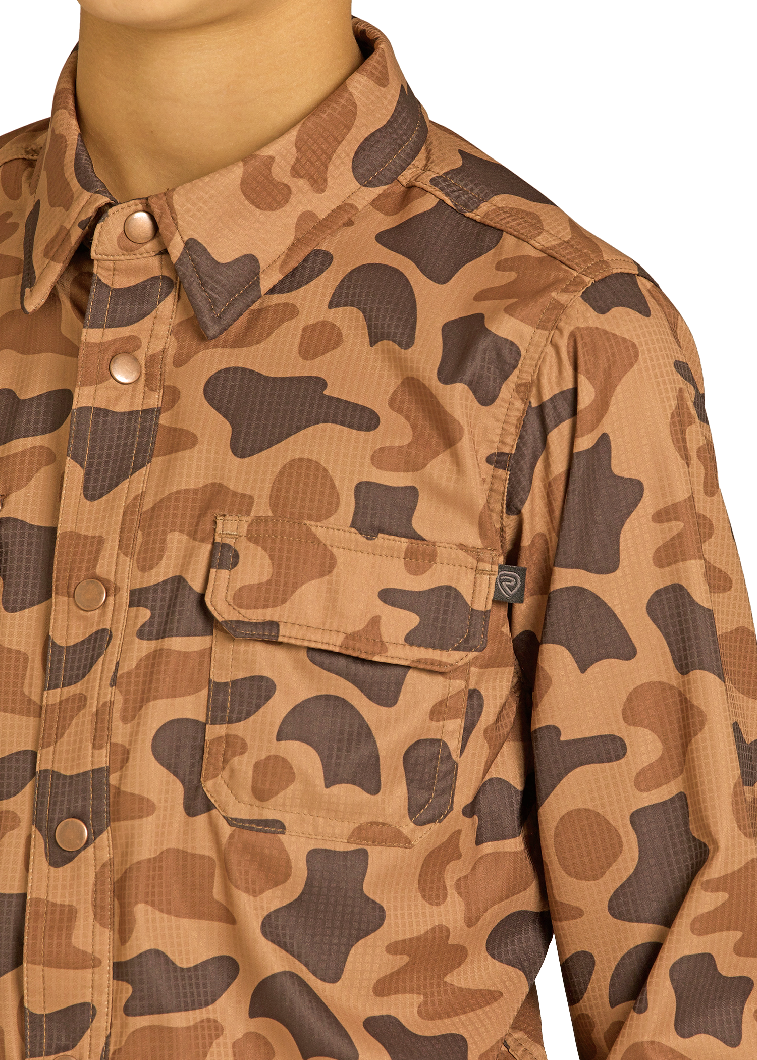 Camouflage-patterned shirt on a mannequin with a white background