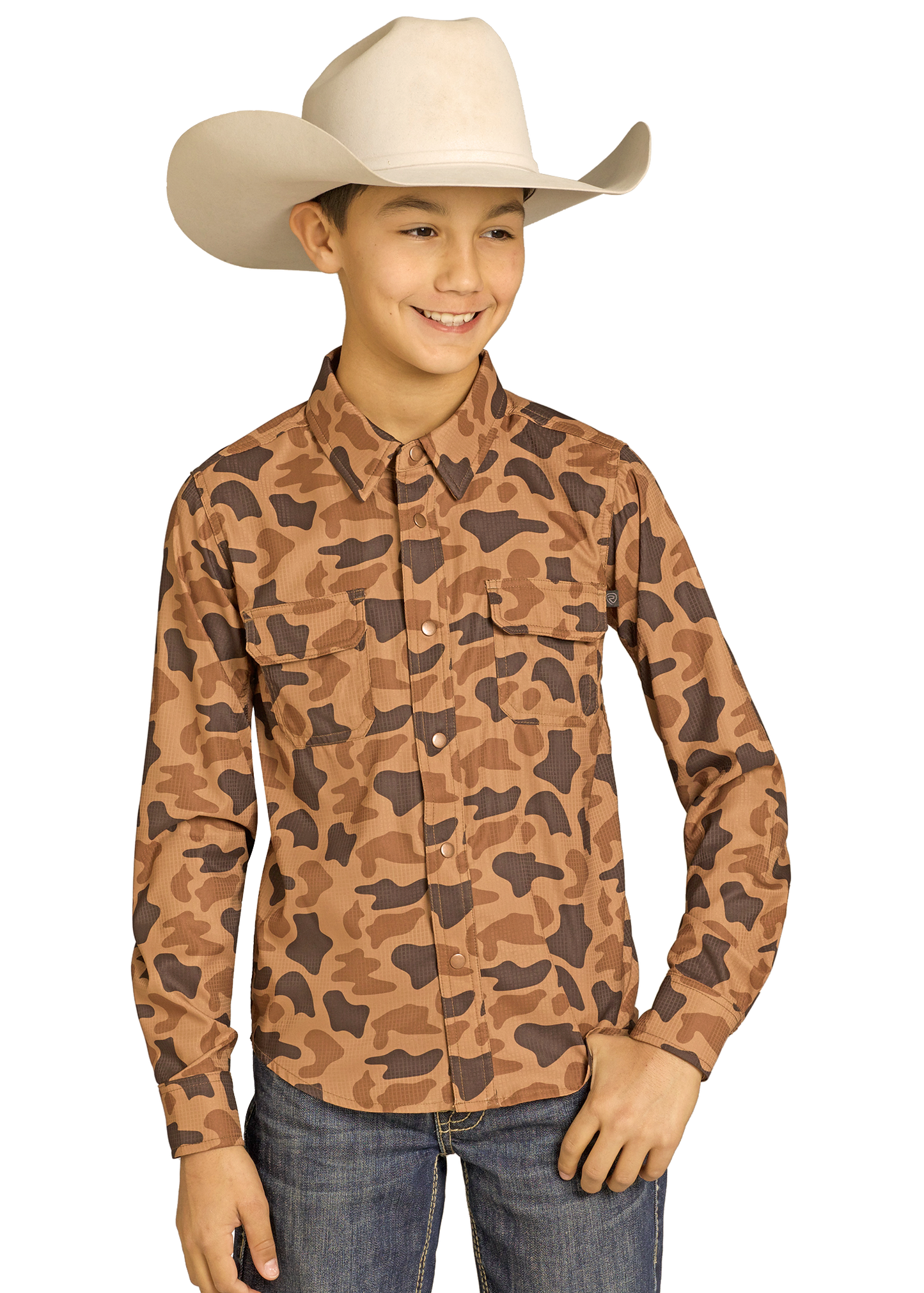 Child wearing a camouflage shirt and cowboy hat on a white background