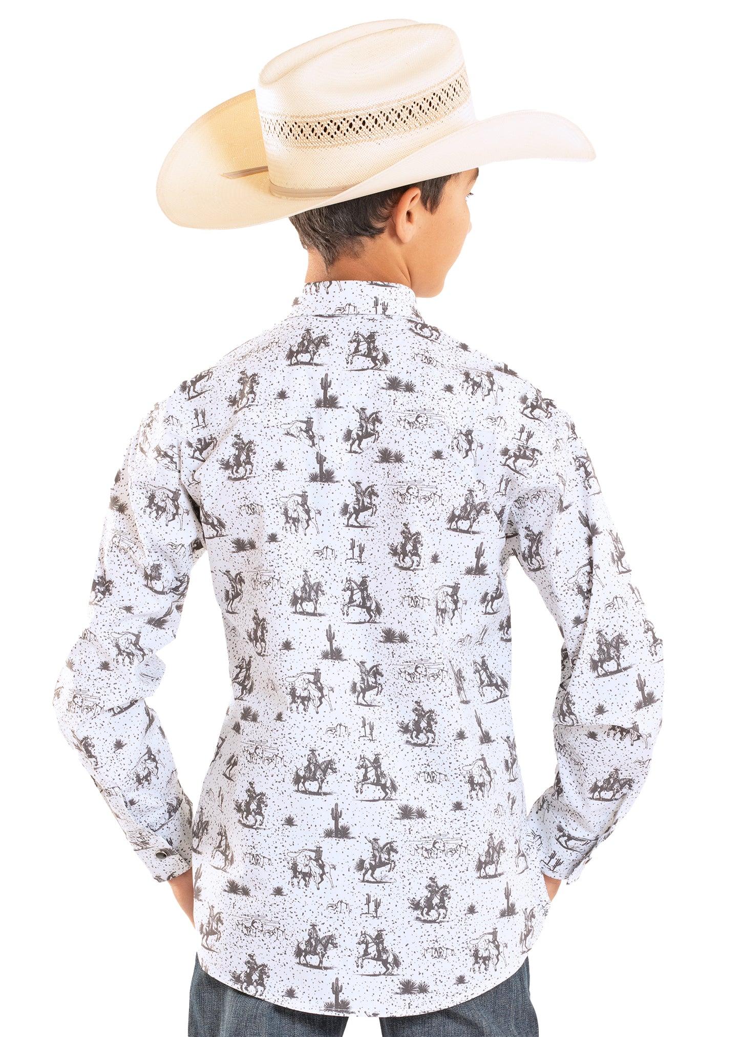 Person wearing a white shirt with black pattern and a cowboy hat on a white background