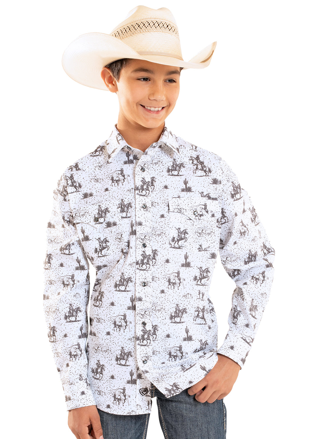 Child wearing a white shirt with horse and rider pattern and a cowboy hat on a white background