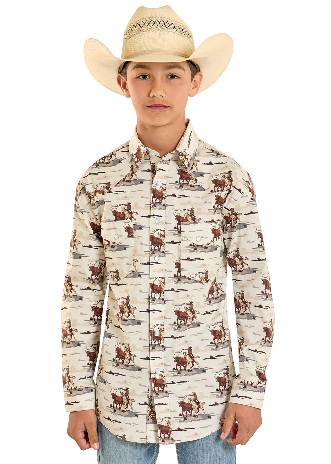 Child wearing a long-sleeve shirt with horse and rider pattern and a cowboy hat on a white background