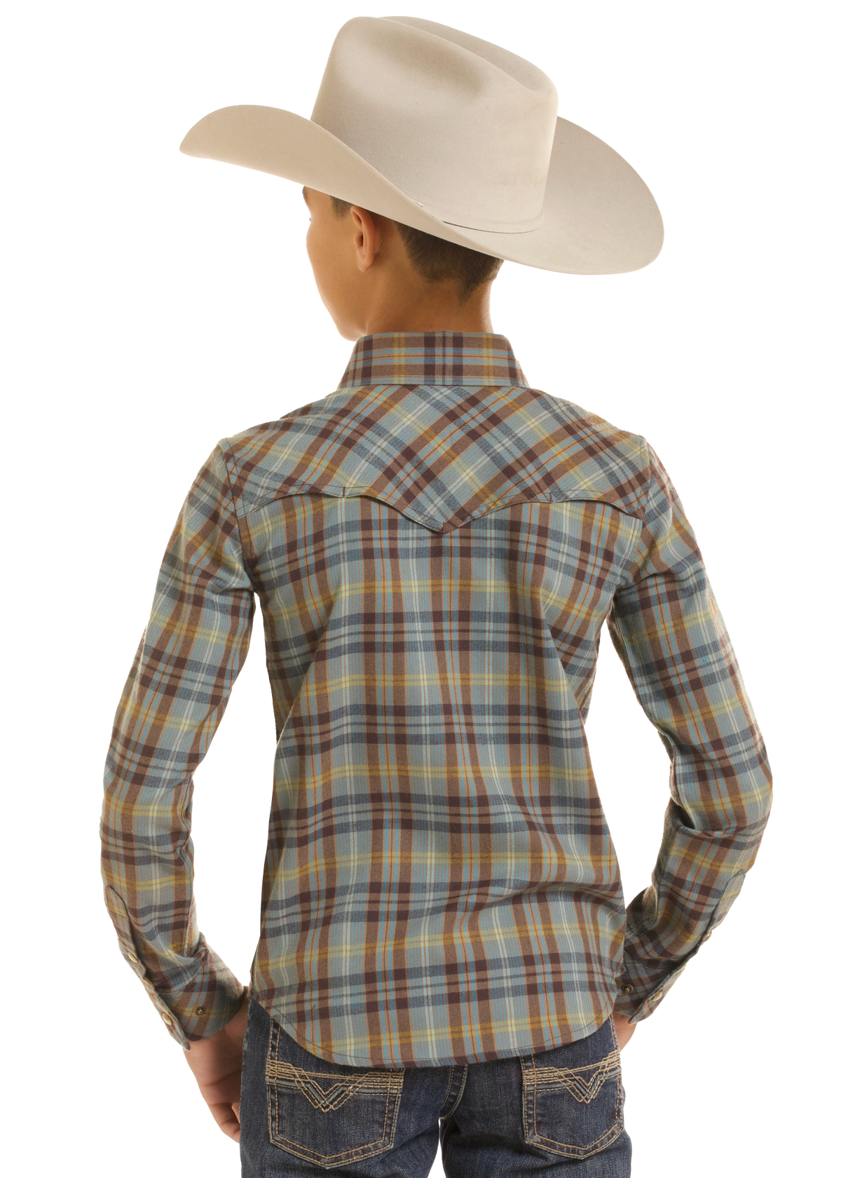 A child model shown from the back wearing a long-sleeve western plaid shirt and a cream cowboy hat against a white studio background.