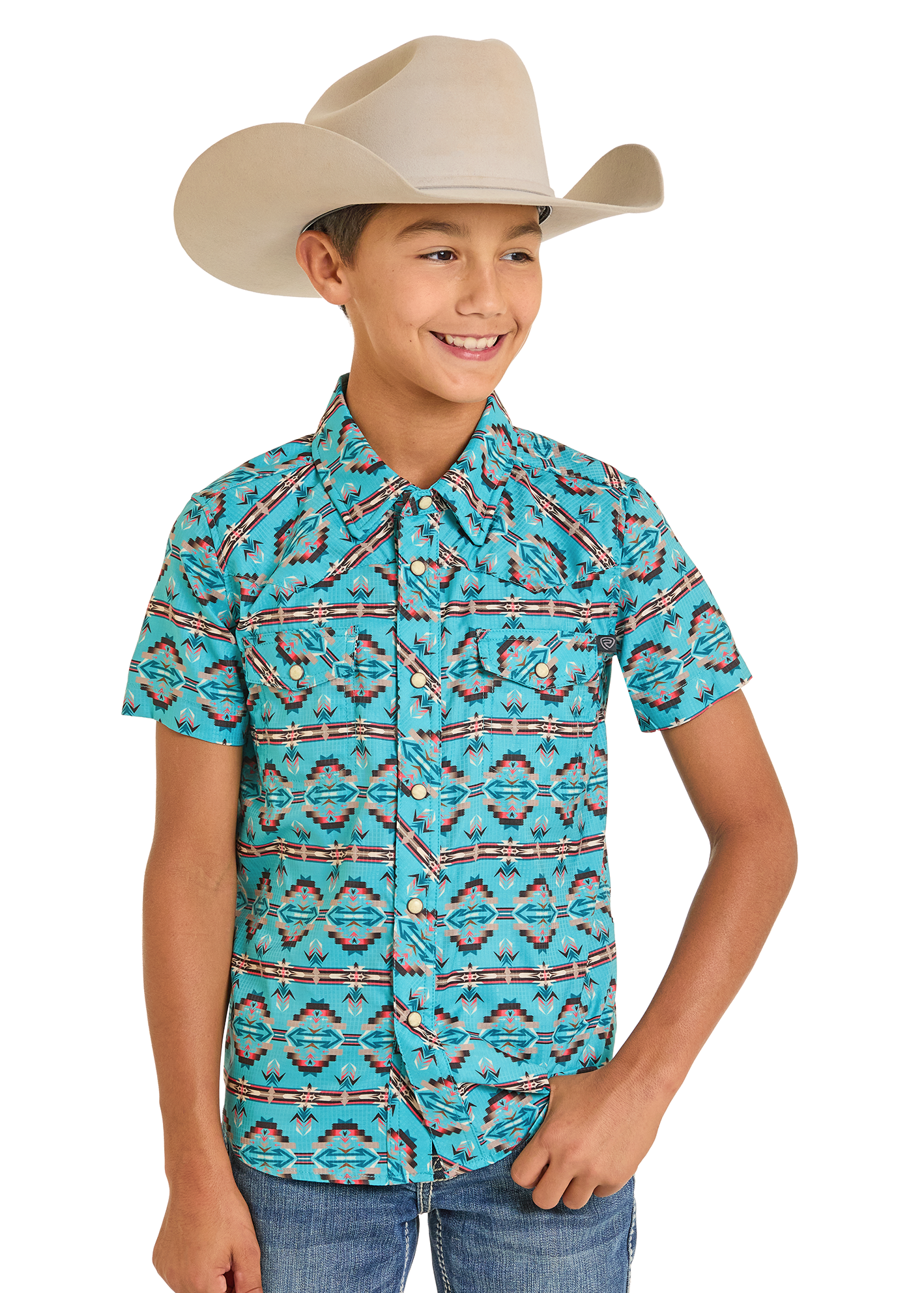 Child wearing a turquoise patterned shirt and beige cowboy hat on a white background