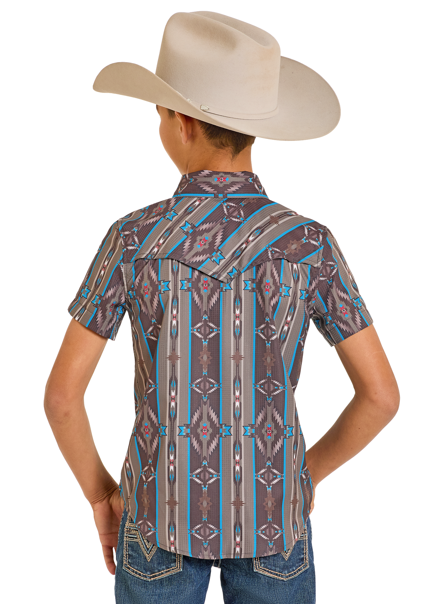 Person wearing a patterned short-sleeve shirt and cowboy hat on a white background
