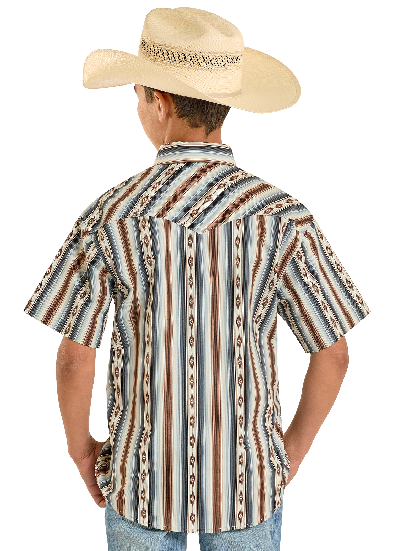 Person wearing a patterned short-sleeve shirt and cowboy hat on a white background