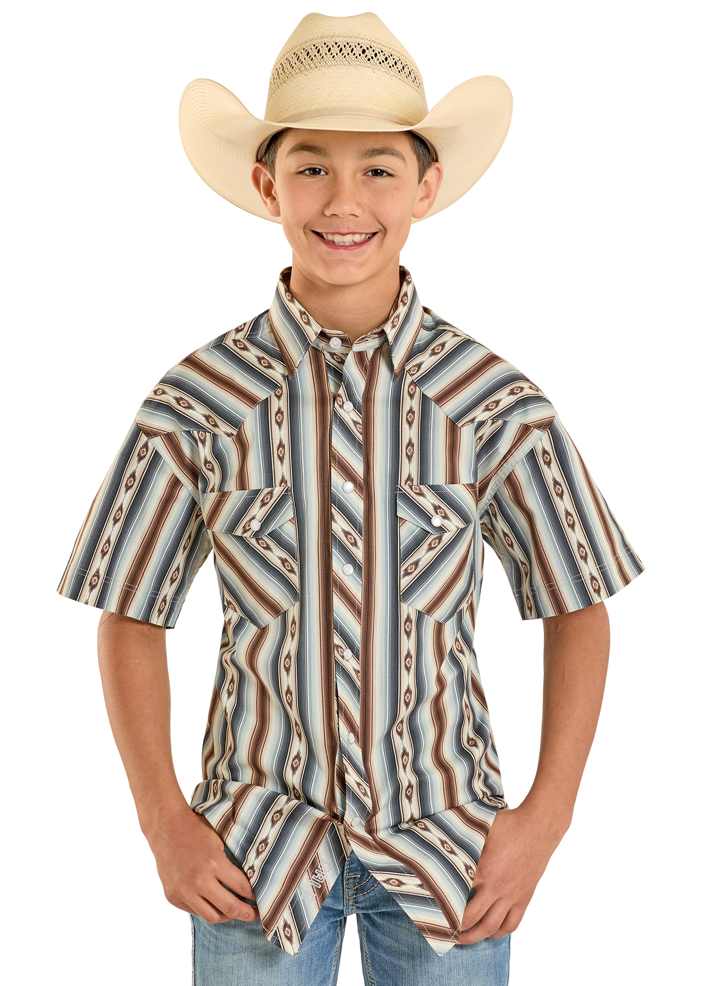 Child wearing a patterned shirt and cowboy hat on a white background