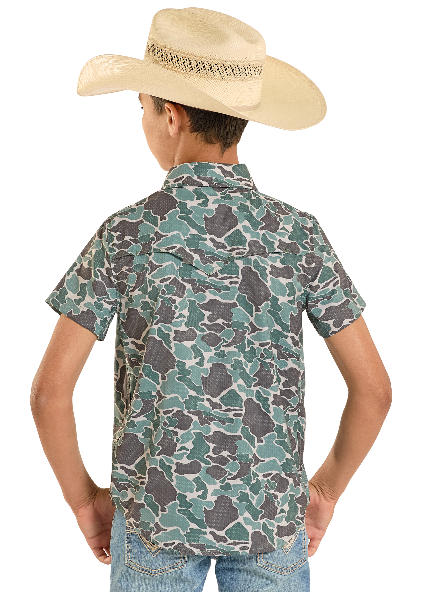 Child wearing a camouflage shirt and cowboy hat on a white background