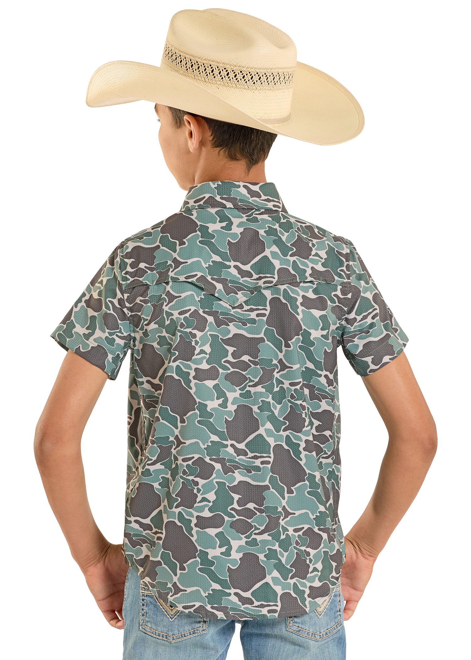 Child wearing a camouflage shirt and cowboy hat on a white background