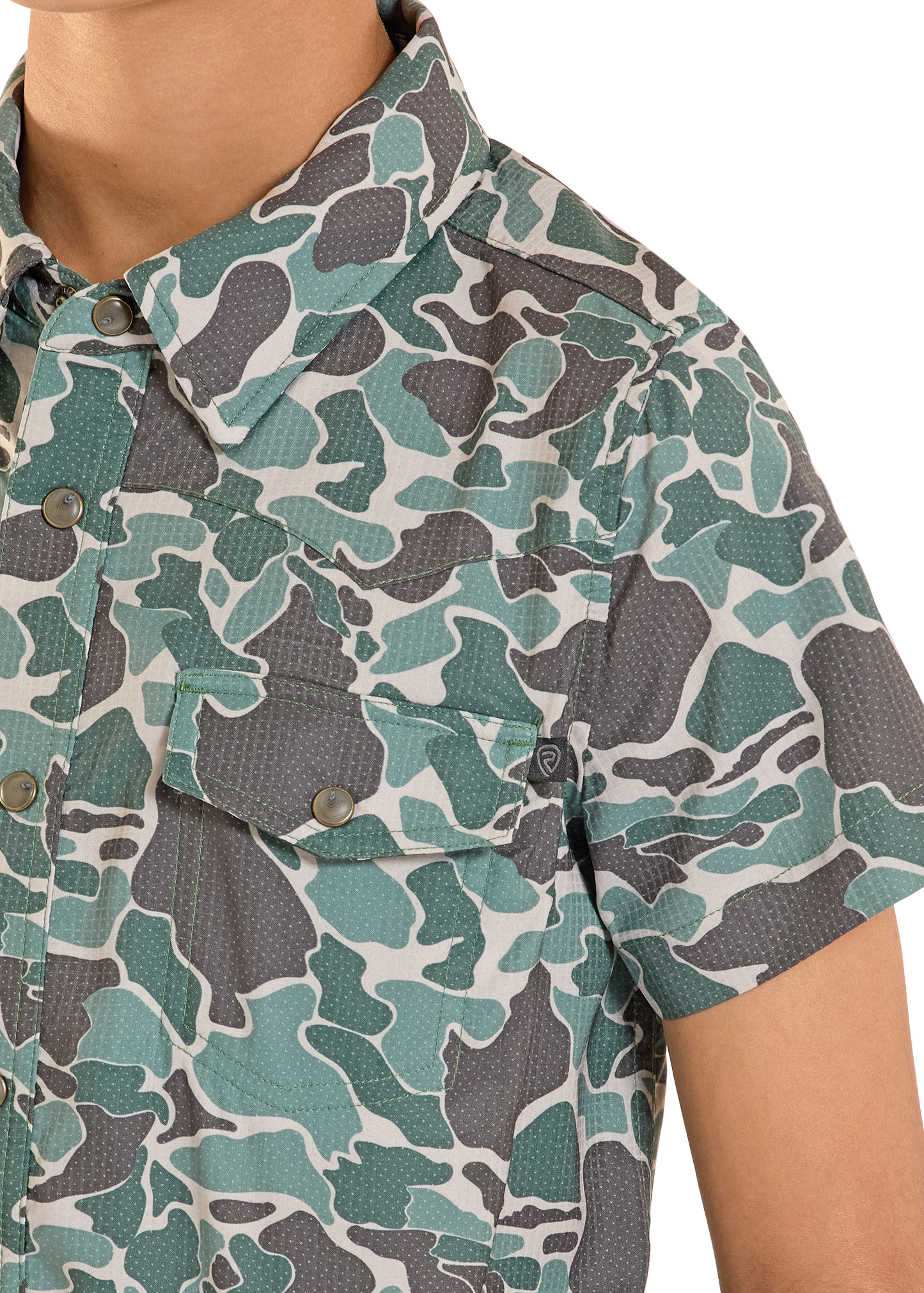 Camouflage-patterned shirt worn by a person, focusing on the upper body.