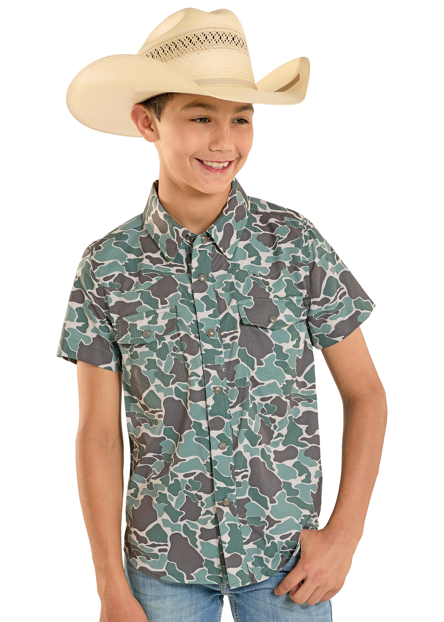 Child wearing a camouflage shirt and cowboy hat on a white background