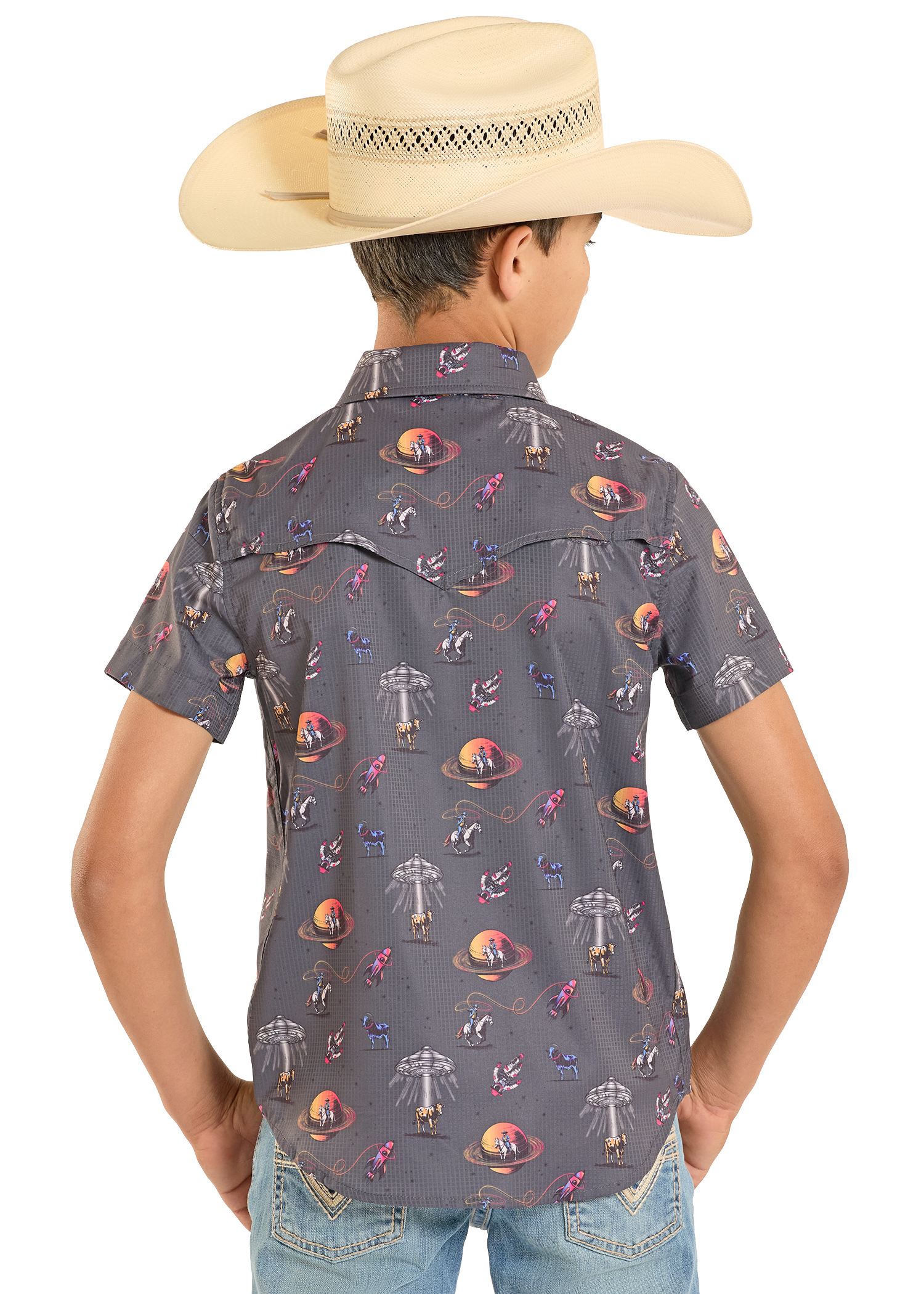 Child wearing a patterned shirt and cowboy hat on a white background