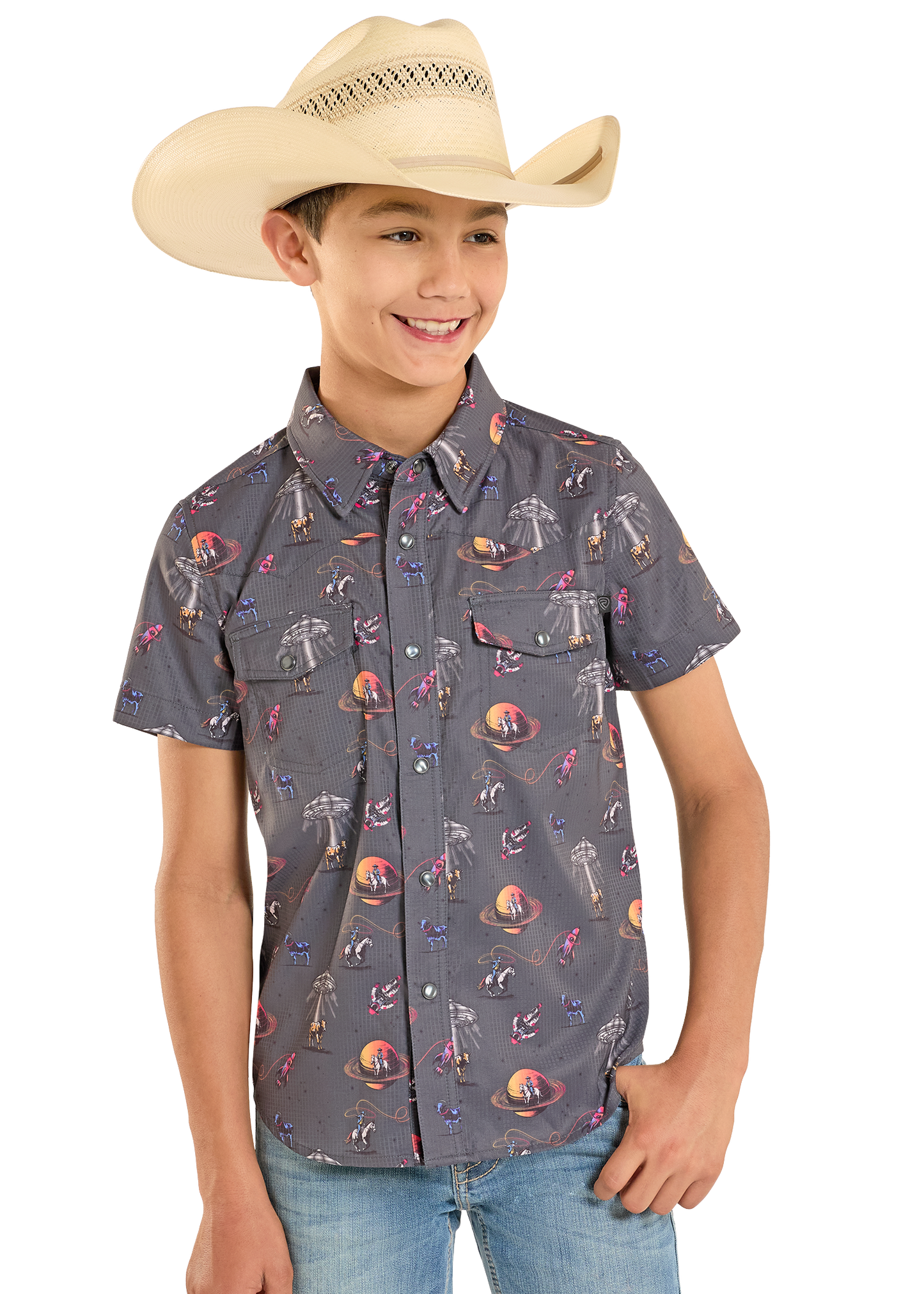 Child wearing a cowboy hat and a patterned space cowboy shirt on a white background