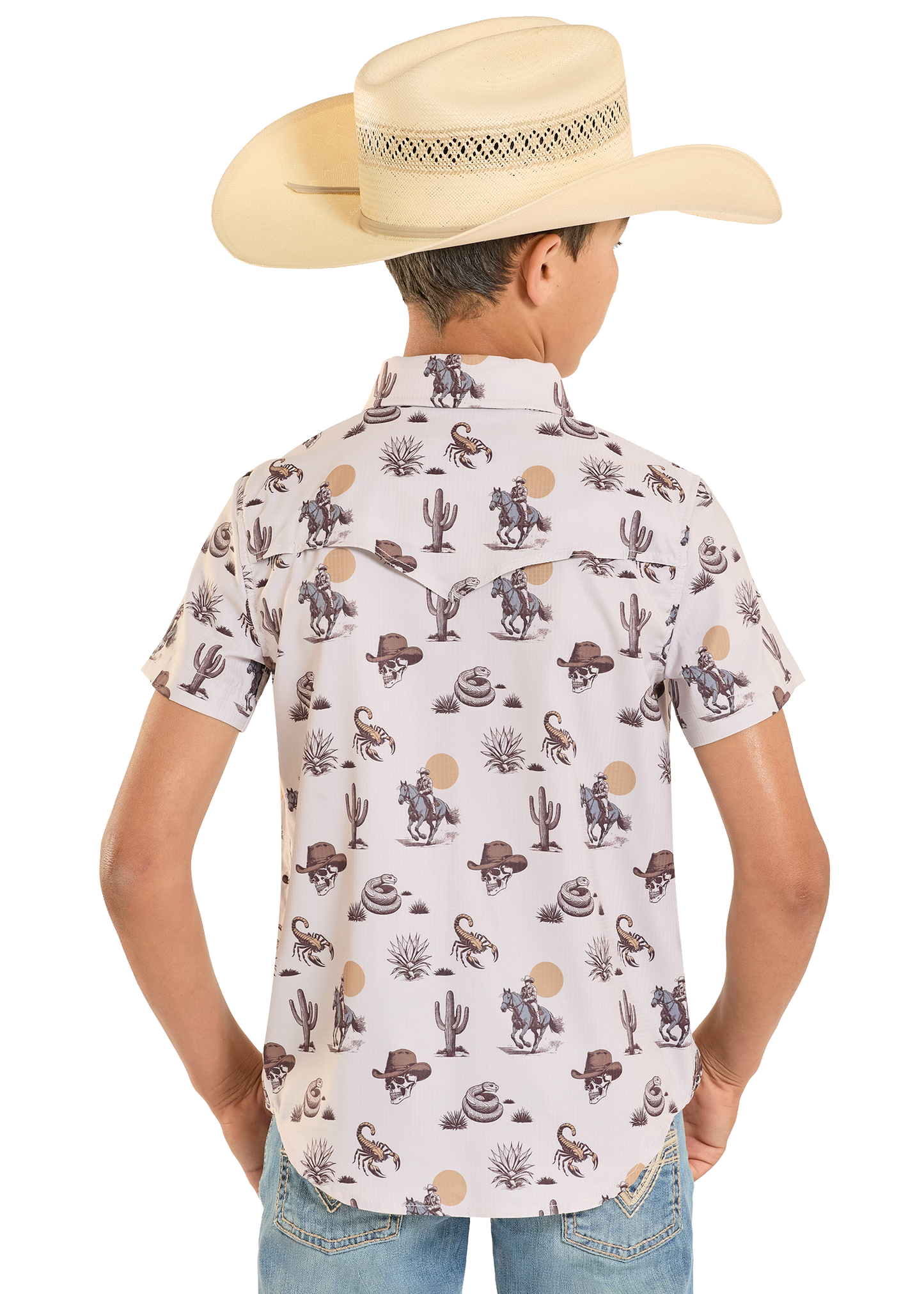 Child wearing a patterned shirt with cowboy-themed designs and a beige cowboy hat on a white background