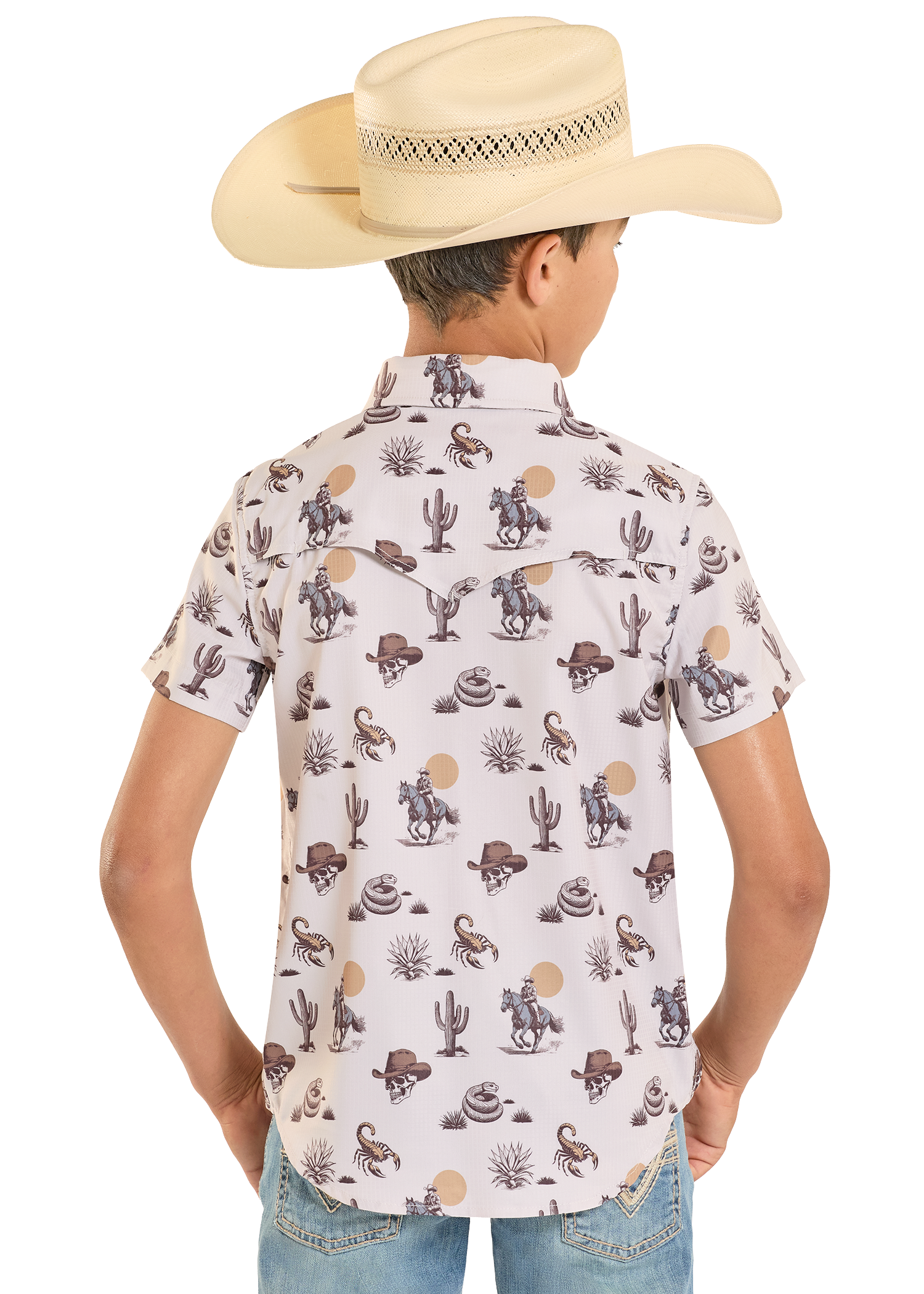 Child wearing a patterned shirt with cowboy-themed designs and a beige cowboy hat on a white background