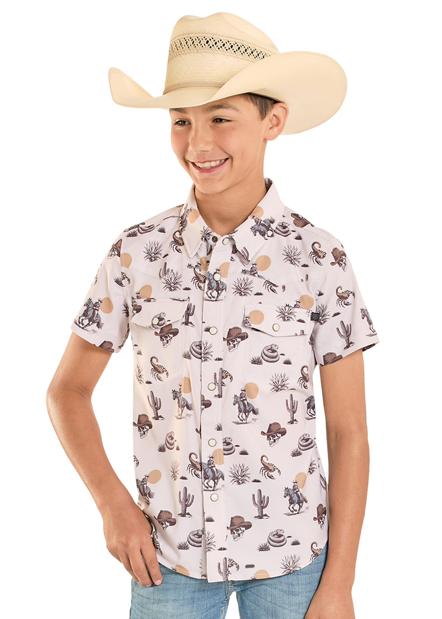 Child wearing a cowboy hat and a patterned shirt with a white background