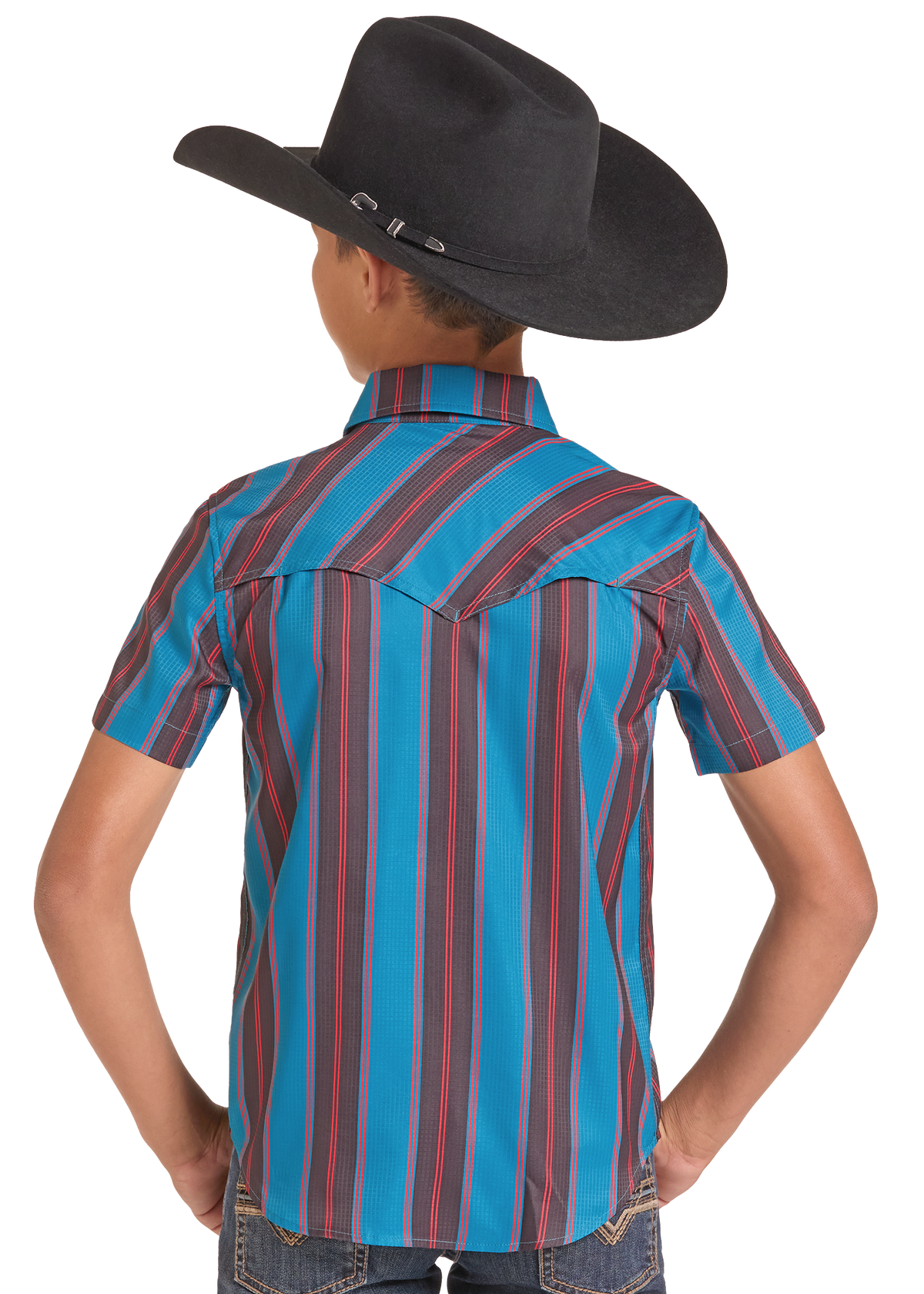 A child model shown from the back wearing a black cowboy hat and a short-sleeve button-up shirt with vertical blue, red, and dark brown stripes, paired with blue jeans against a white background.