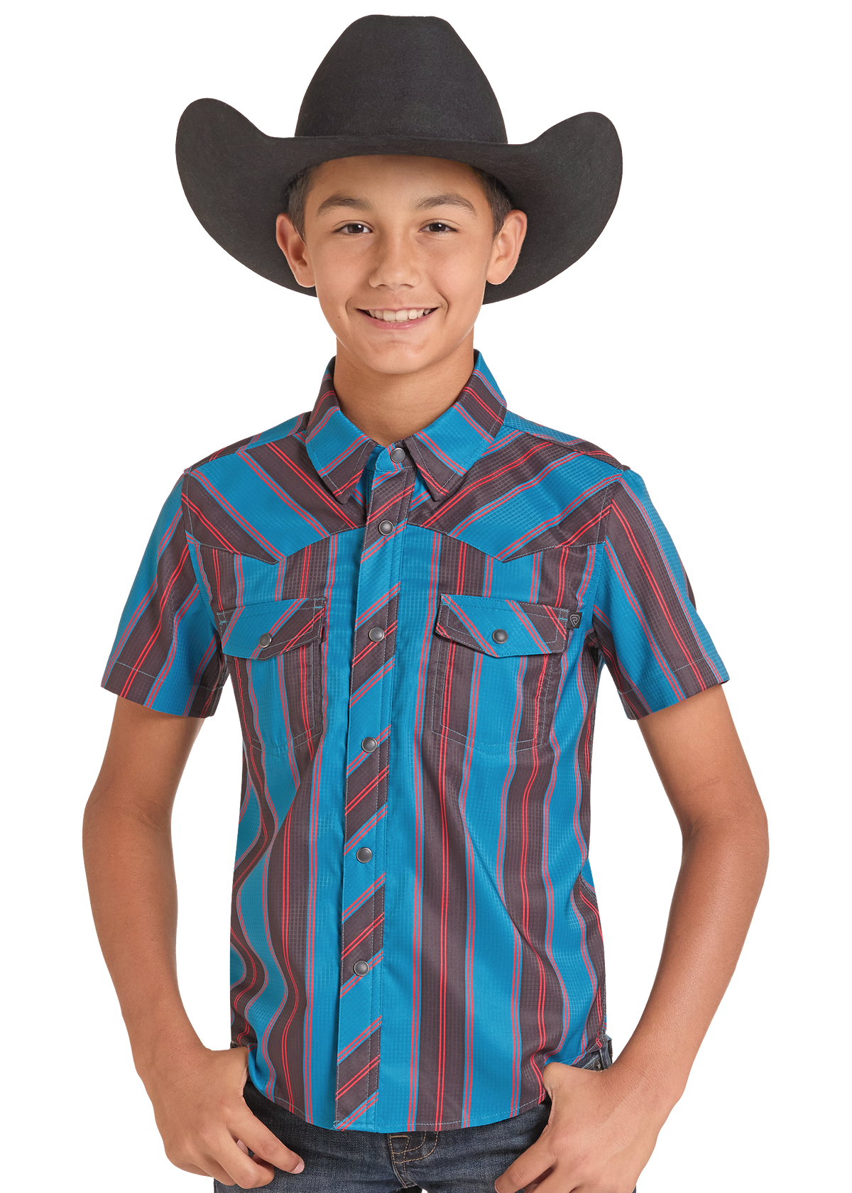 A young boy wearing a black cowboy hat and a short-sleeve western shirt with vertical blue, red, and dark stripes, posed against a solid white background.