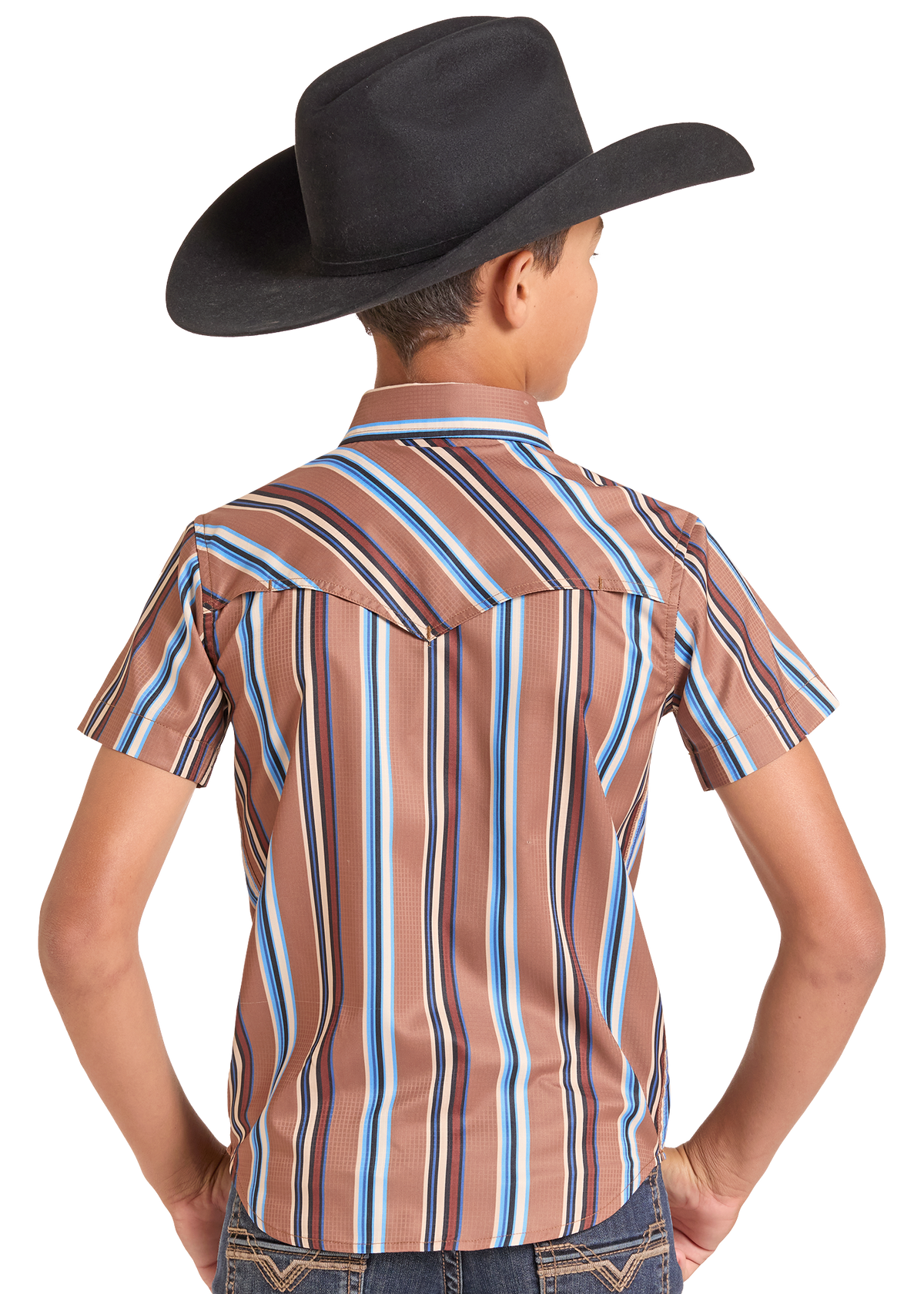 A child model shown from the back wearing a brown short-sleeve western shirt with vertical blue, white, and tan stripes, paired with a black cowboy hat and jeans against a white background.