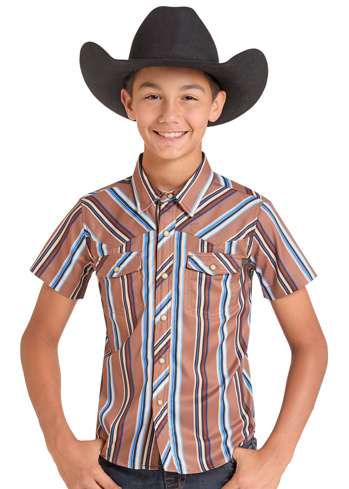 A young boy wearing a brown short-sleeve western shirt with vertical blue, white, and tan stripes, paired with a black cowboy hat, against a solid white background.