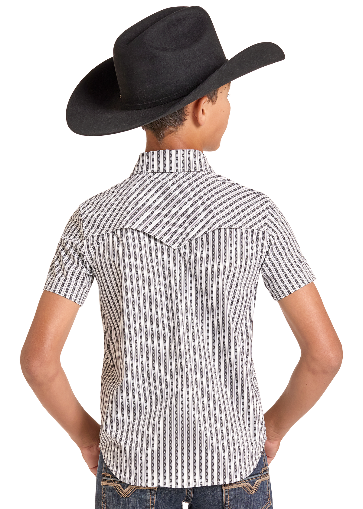 A child model shown from the back wearing a black cowboy hat, a short-sleeve western shirt with a black and white vertical pattern, and blue jeans against a plain white background.