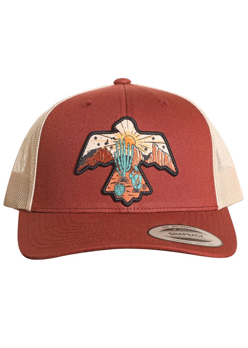 The Rock & Roll Denim Desert Thunderbird Cap features a red and beige mesh back, adjustable snapback, and an embroidered patch with an eagle, mountains, sunset, cacti, and stars.