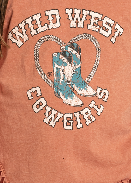 Young girl wearing a cowboy hat and a long-sleeve shirt with 'Wild West Cowgirls' design on a white background