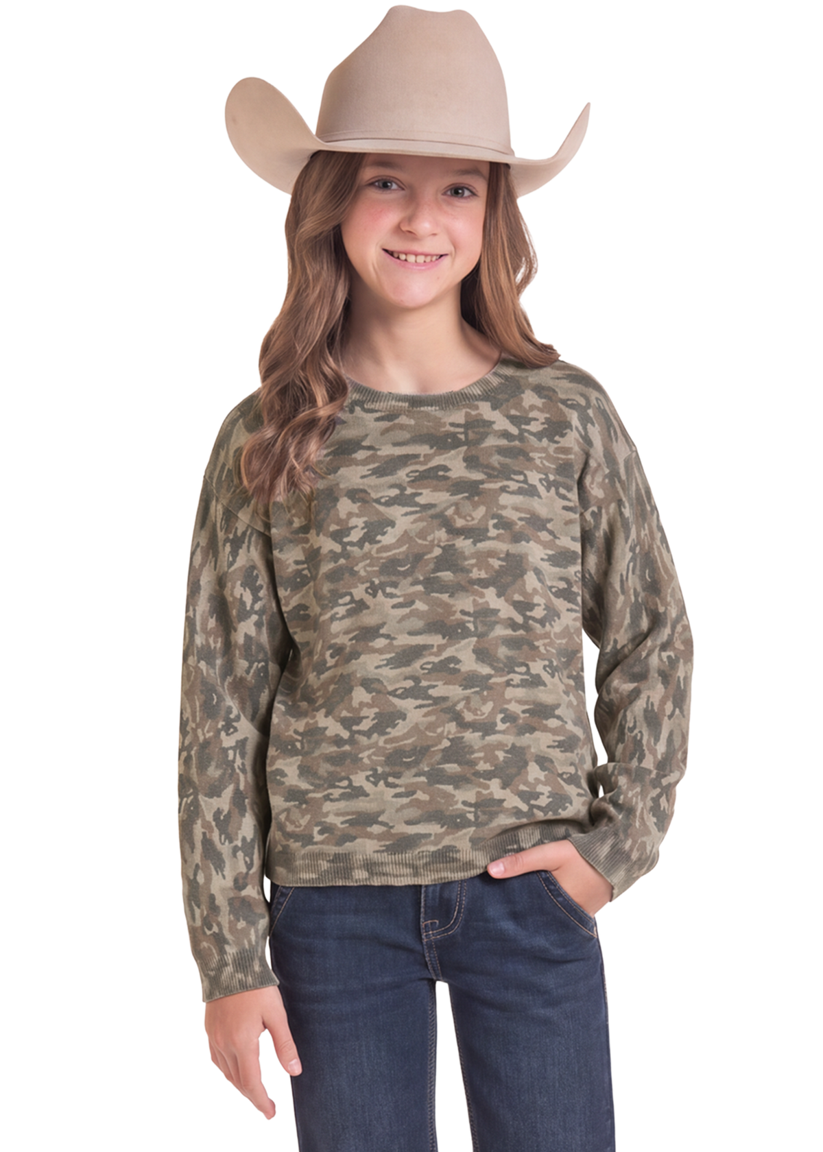 Girl wearing a camo crew neck. 