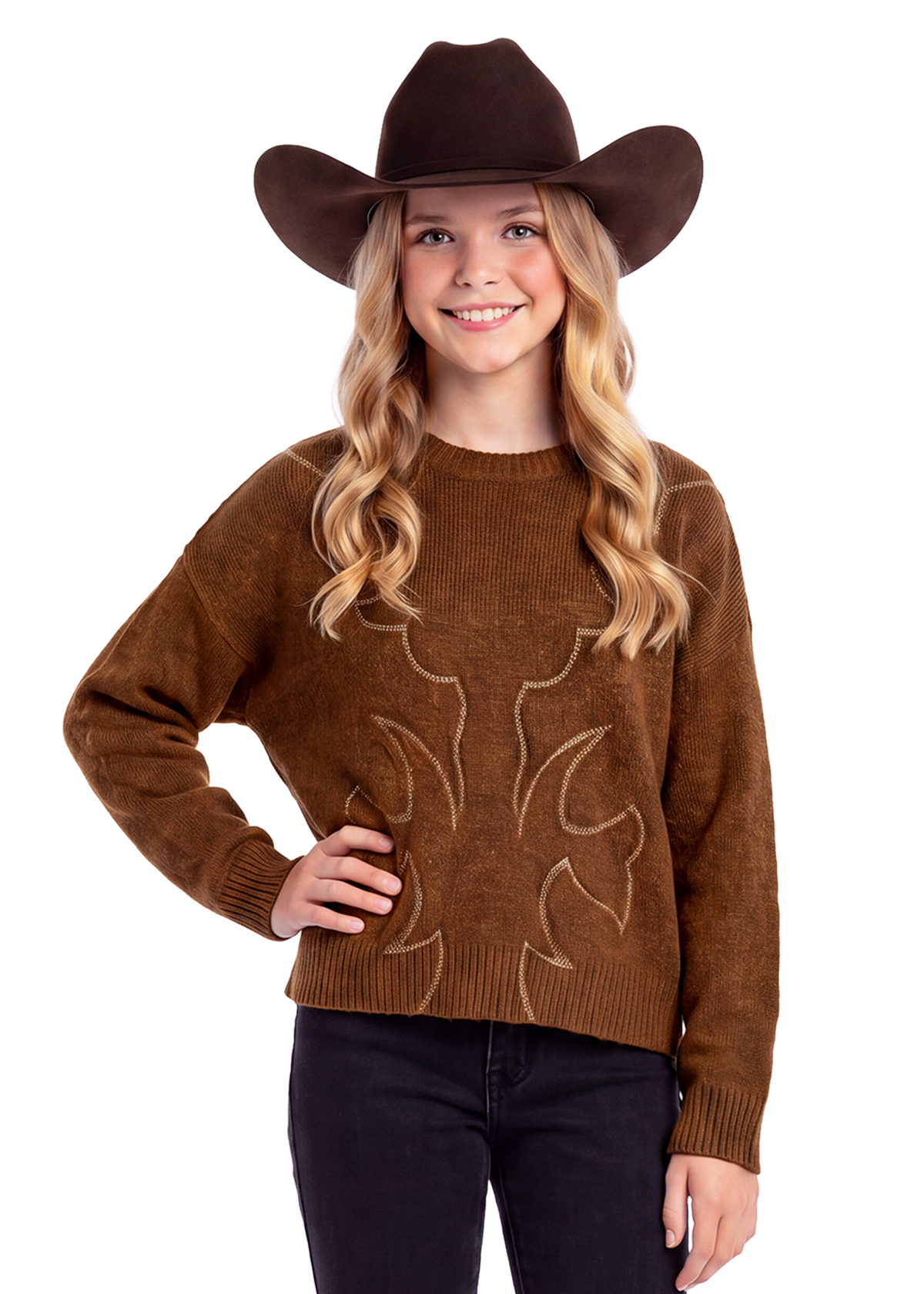 A young girl with blonde hair wearing a brown cowboy hat and a brown knit sweater with western-style embroidery, paired with dark jeans, photographed against a solid white background.