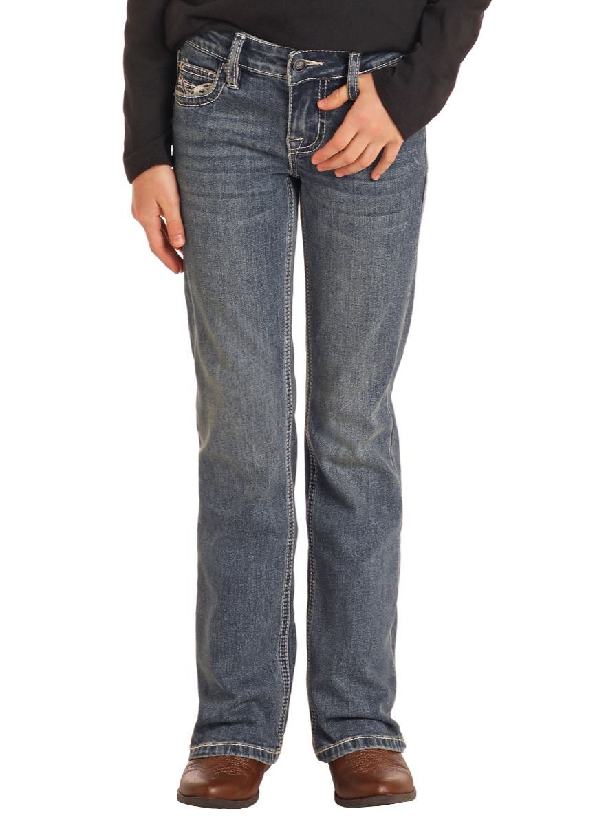 Girls' Mid Rise Extra Stretch Cowhide Stitch Bootcut Jeans Size