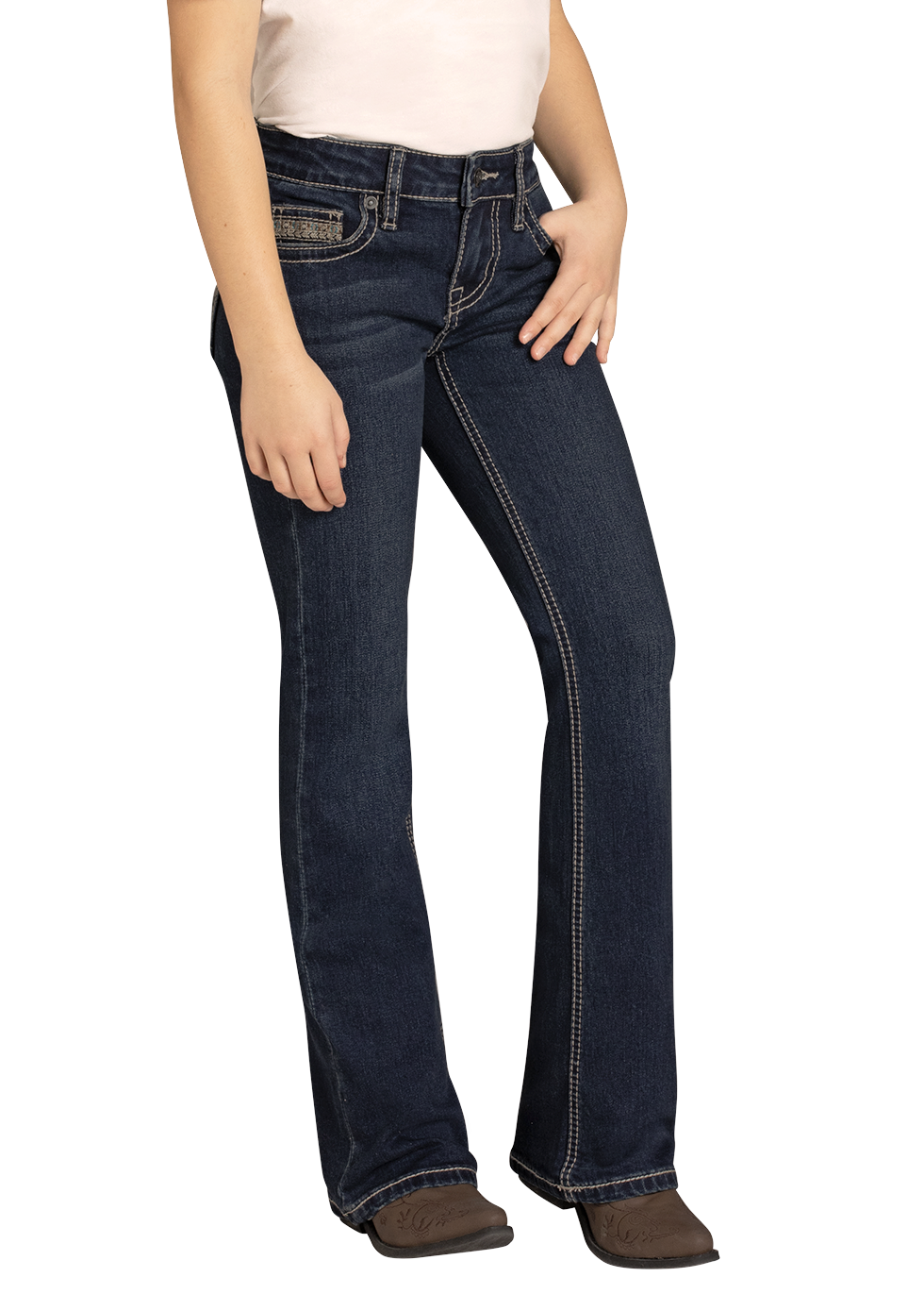 Young girl wearing a black cowboy hat, white shirt, and dark jeans on a white background