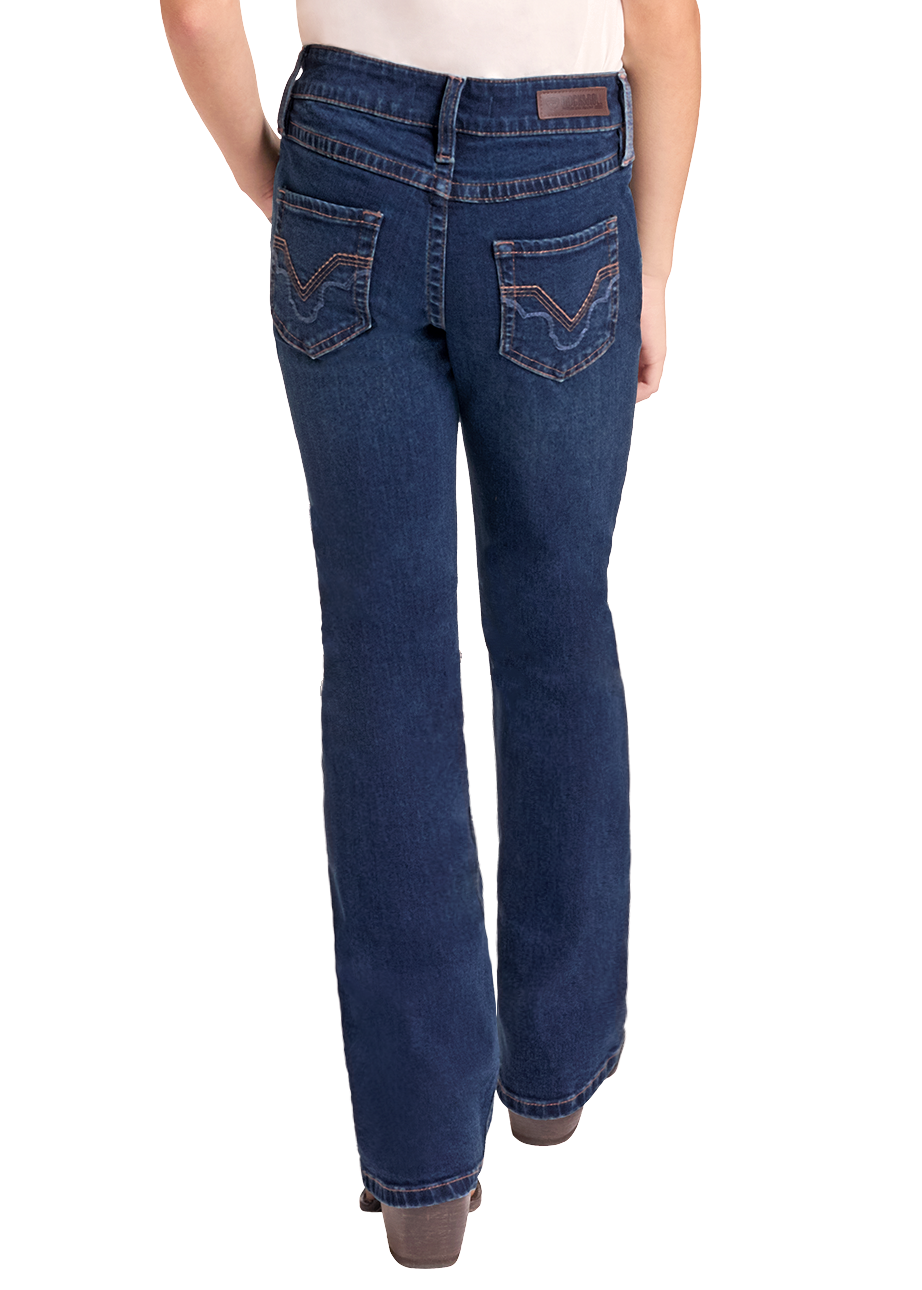 A model from behind wearing a beige cowboy hat, a white and dark red raglan t-shirt, and dark blue western flare jeans, set against a plain white background.
