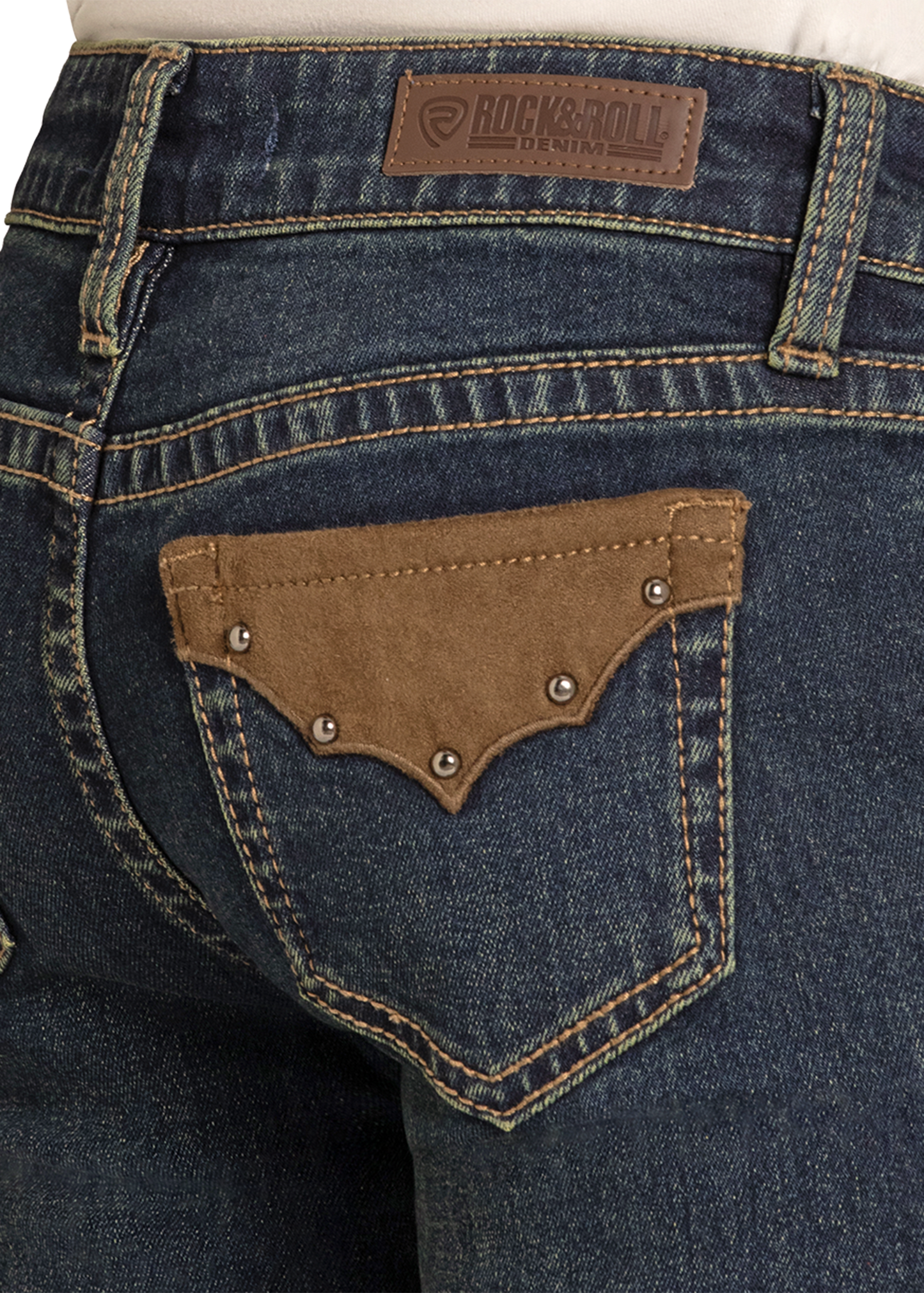 Close-up of blue jeans with a brown pocket and 'Rock & Roll' label.