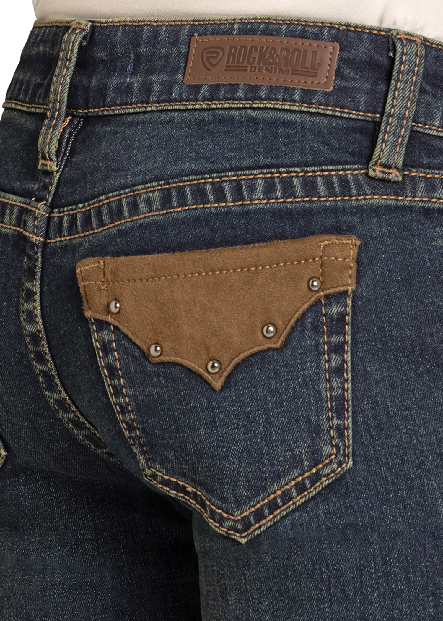 Close-up of blue jeans with a brown pocket and 'Rock & Roll' label.