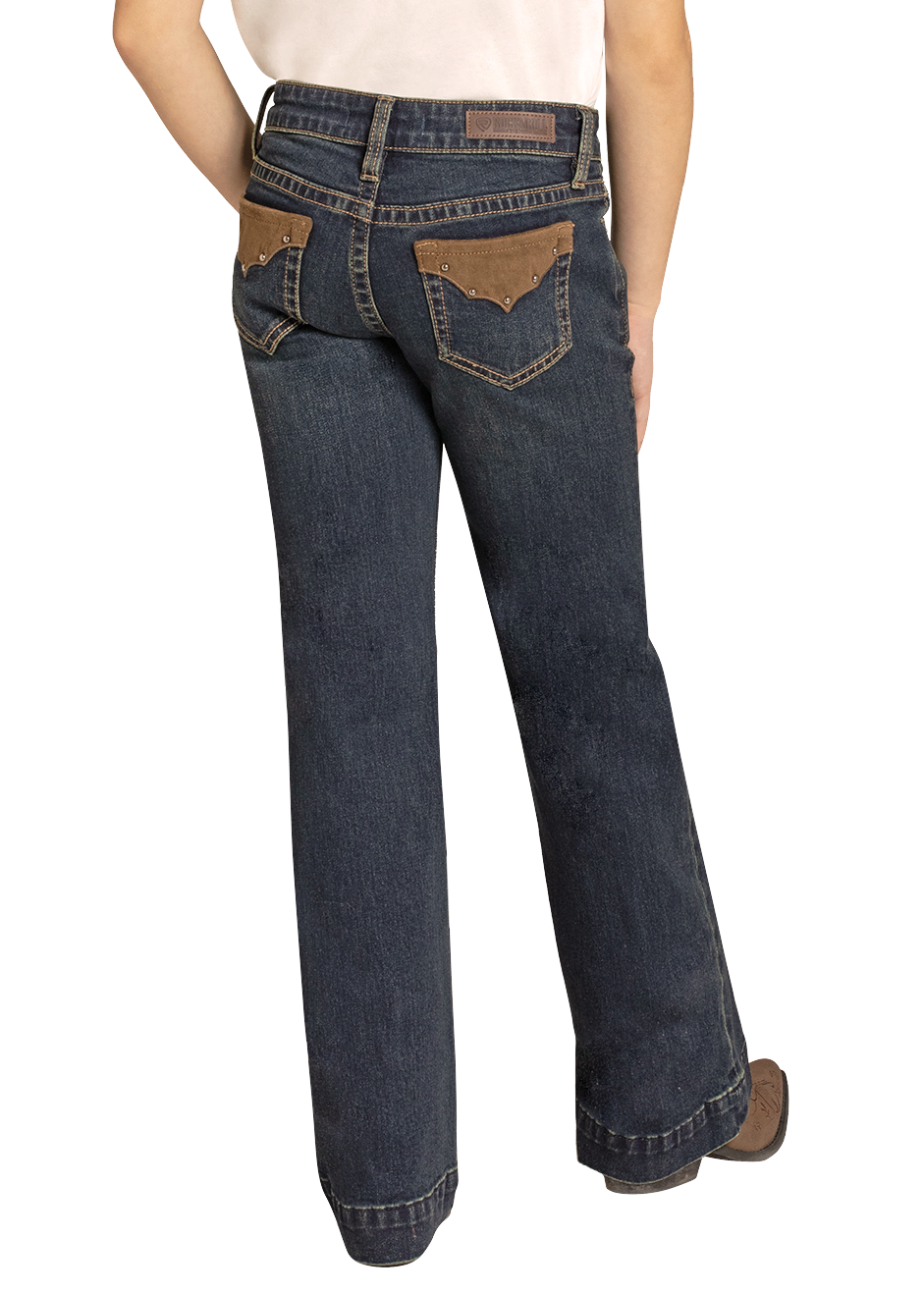 Person wearing a cowboy hat and blue jeans on a white background