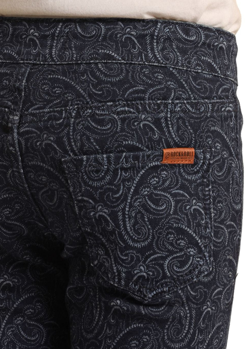 Black patterned shorts with a brand logo on a white background