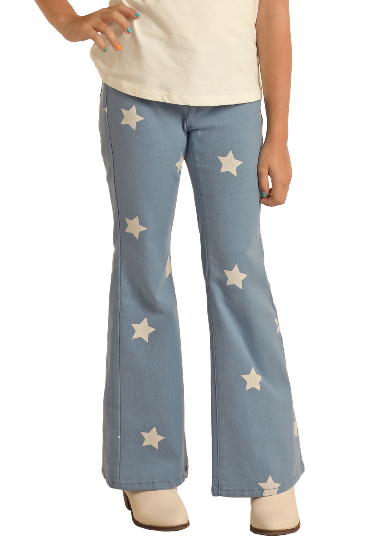 Girls Star Print Flare Jeans Rock Roll Denim