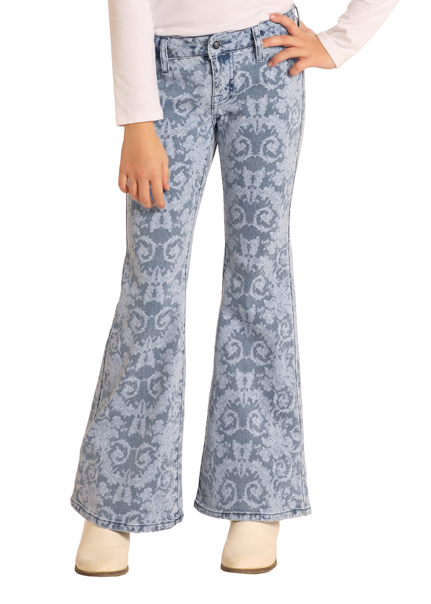 Girls' Floral Print Flare Jeans Rock Roll Denim - Main Image