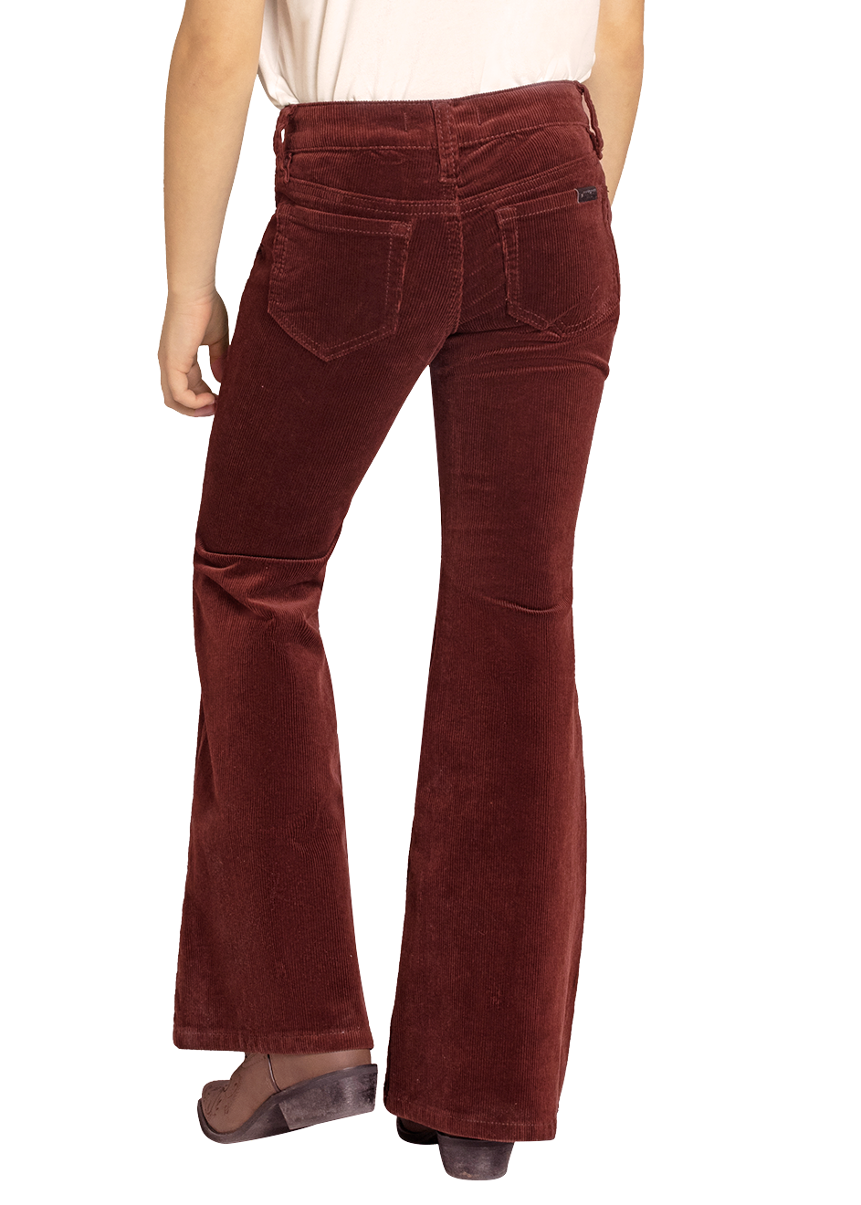 Person wearing a beige cowboy hat and red flared pants on a white background