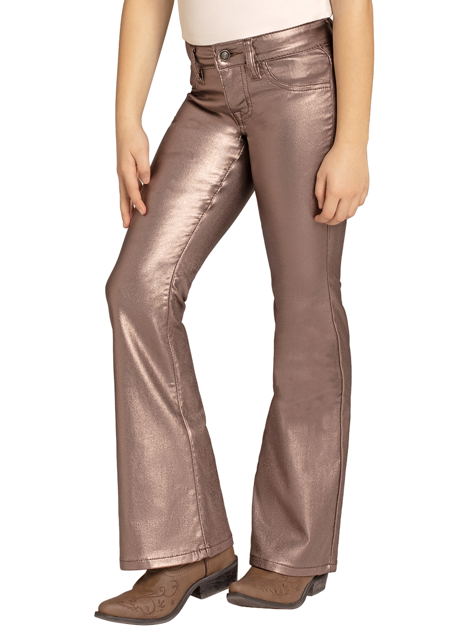 Young girl wearing a beige cowboy hat, white shirt, and metallic gold flared pants on a white background