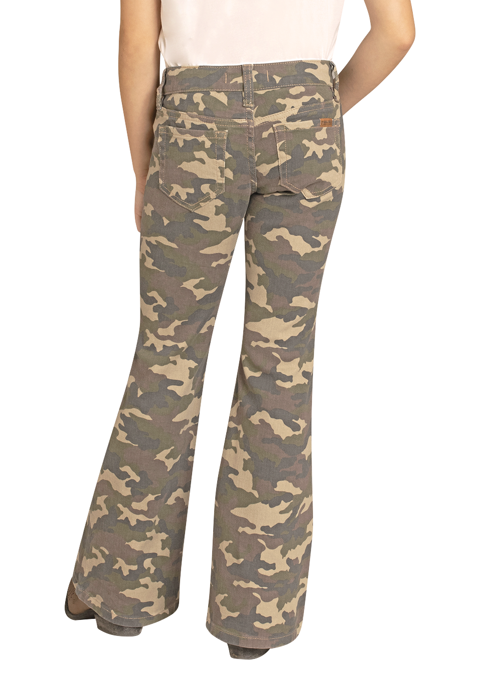 Person wearing a cowboy hat and camouflage flared pants on a white background