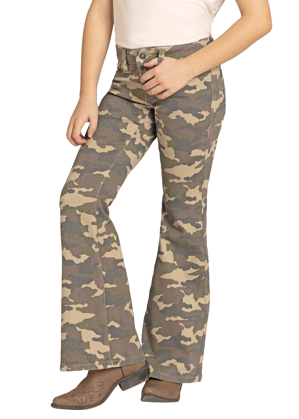 Young girl wearing camouflage pants and a cowboy hat on a white background