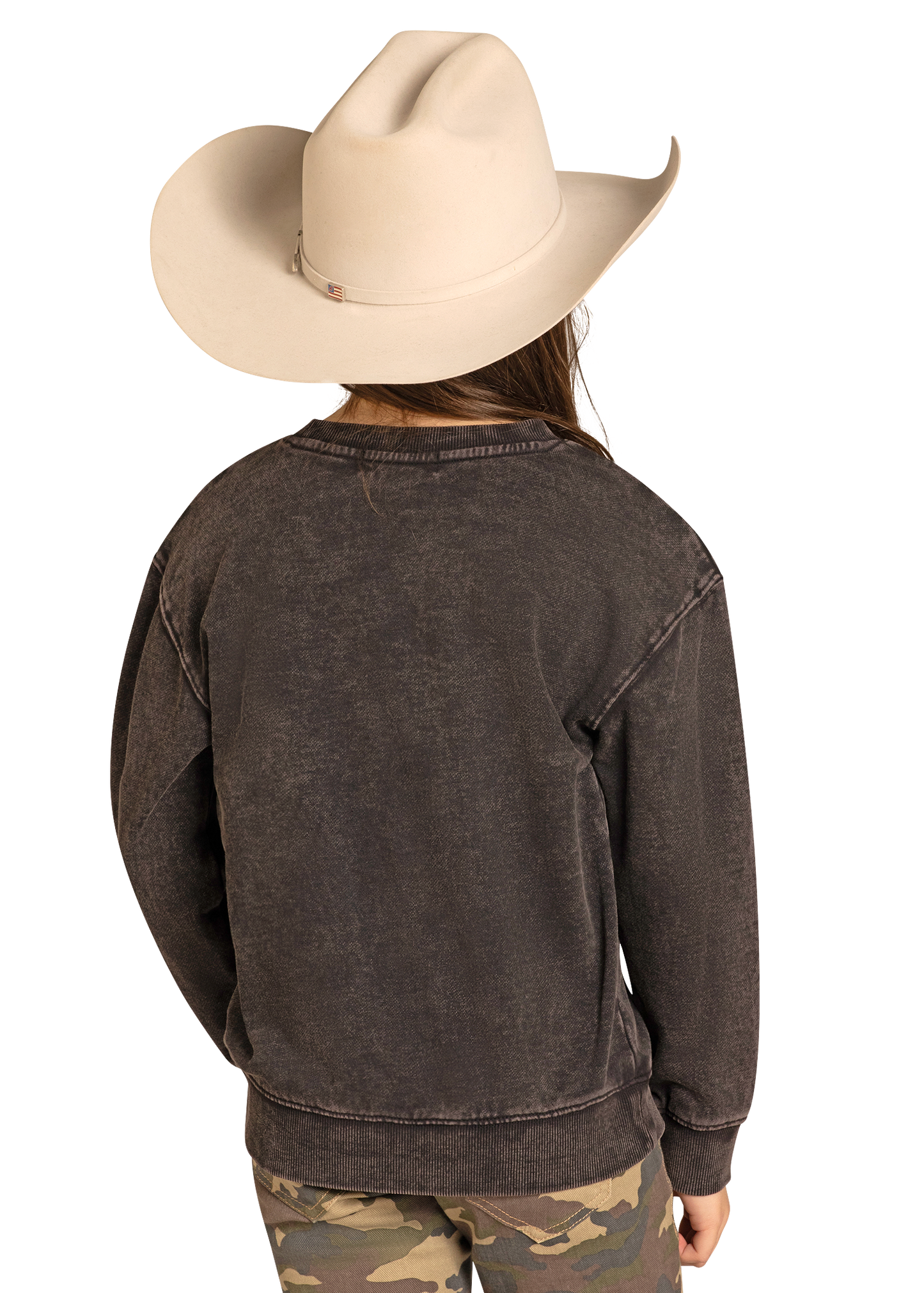 Person wearing a brown sweatshirt and beige cowboy hat on a white background