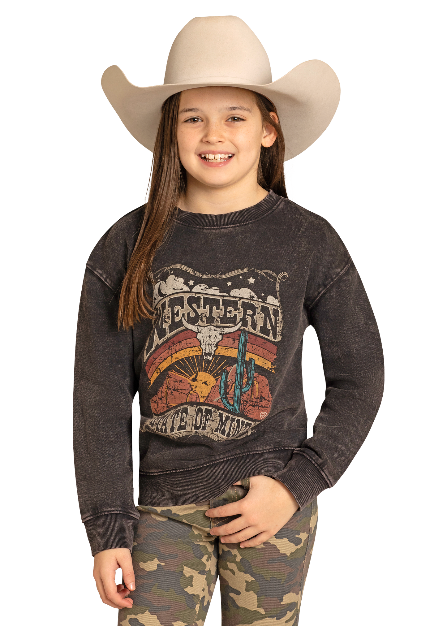 Child wearing a cowboy hat and graphic sweatshirt with 'Montana' text on a white background