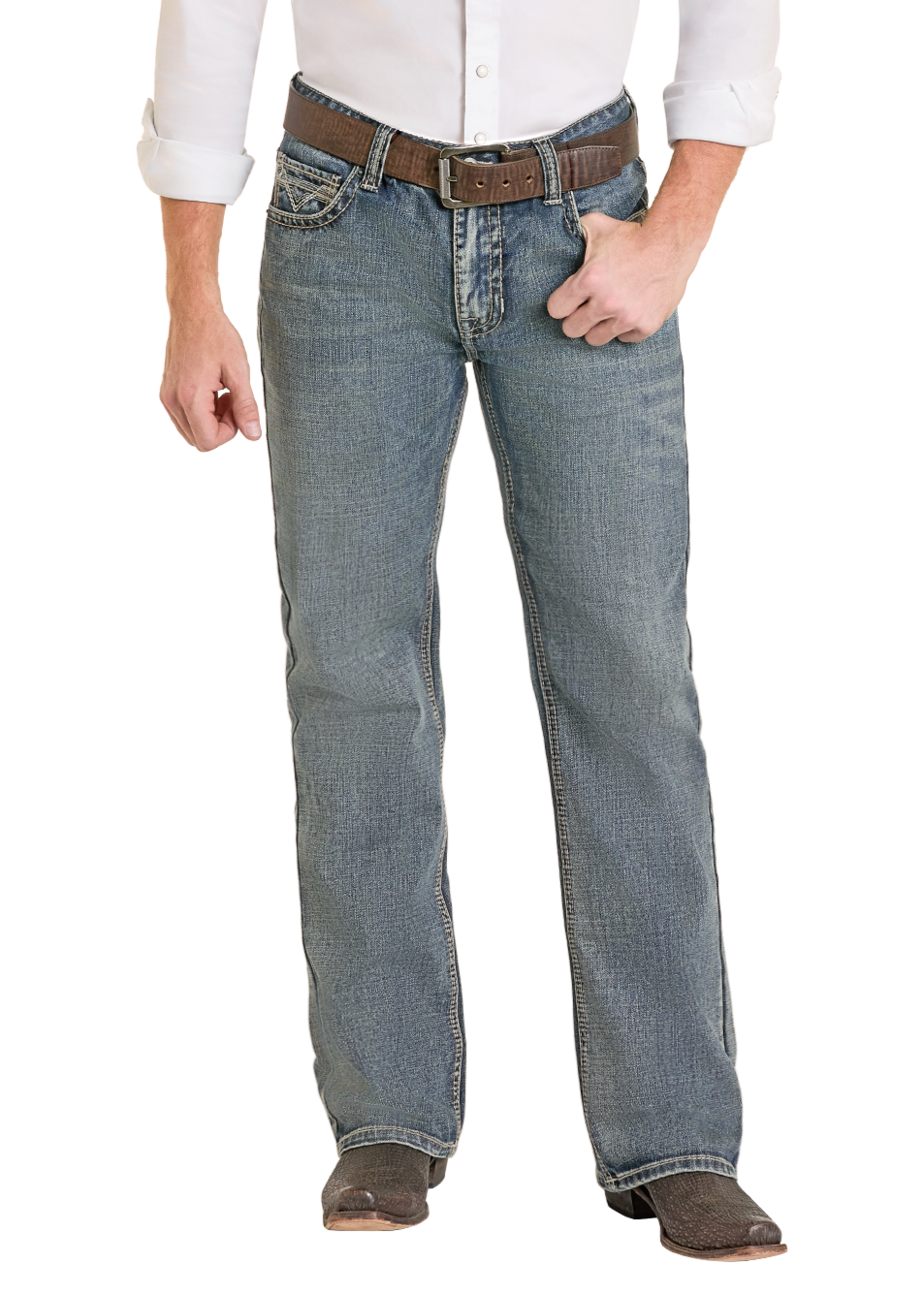 Man wearing a white shirt, blue jeans, and a beige cowboy hat on a white background