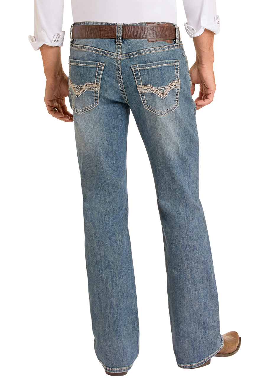 Back view of blue jeans worn by a person on a white background