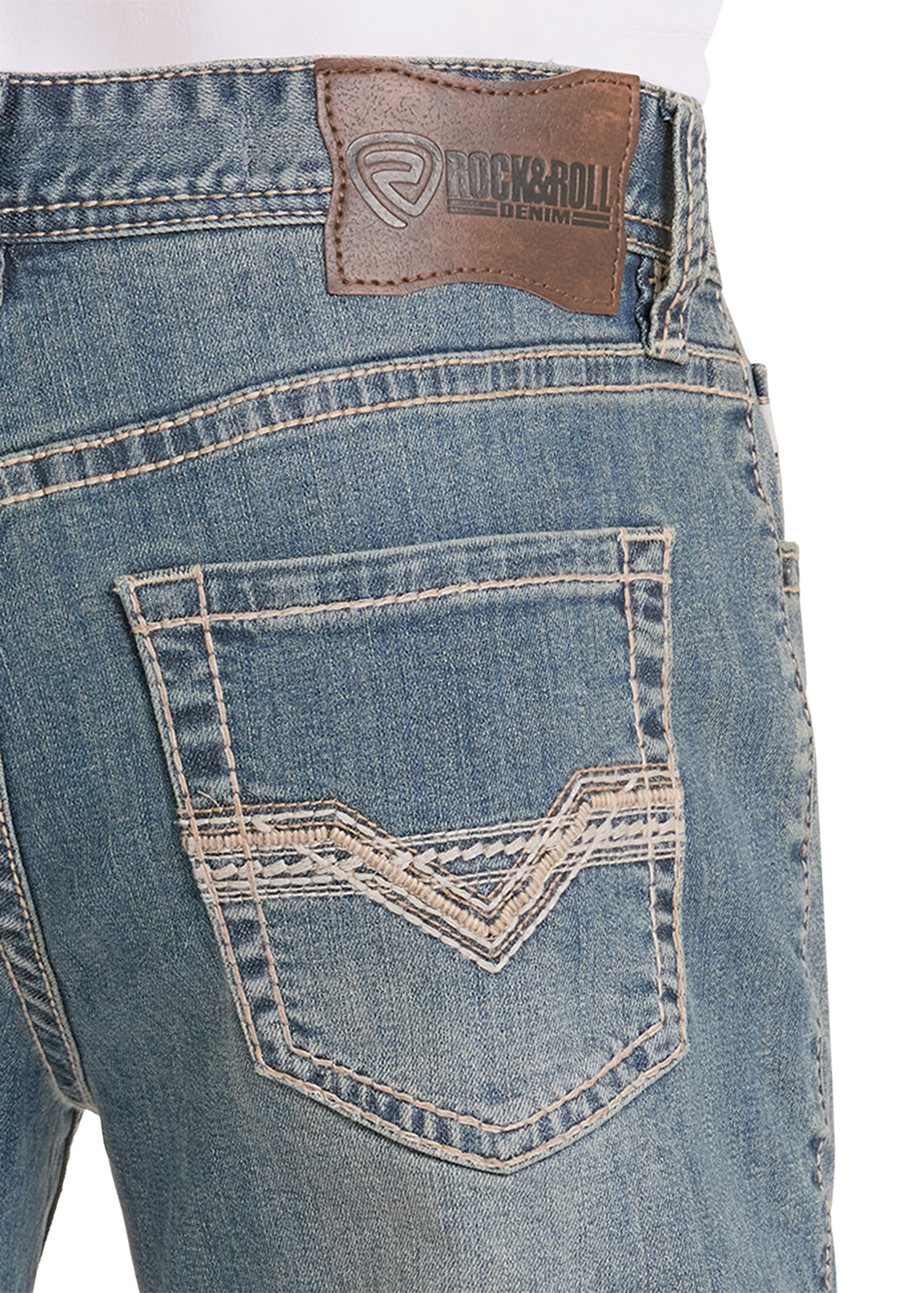 Close-up of blue jeans with a brand label on the back pocket.